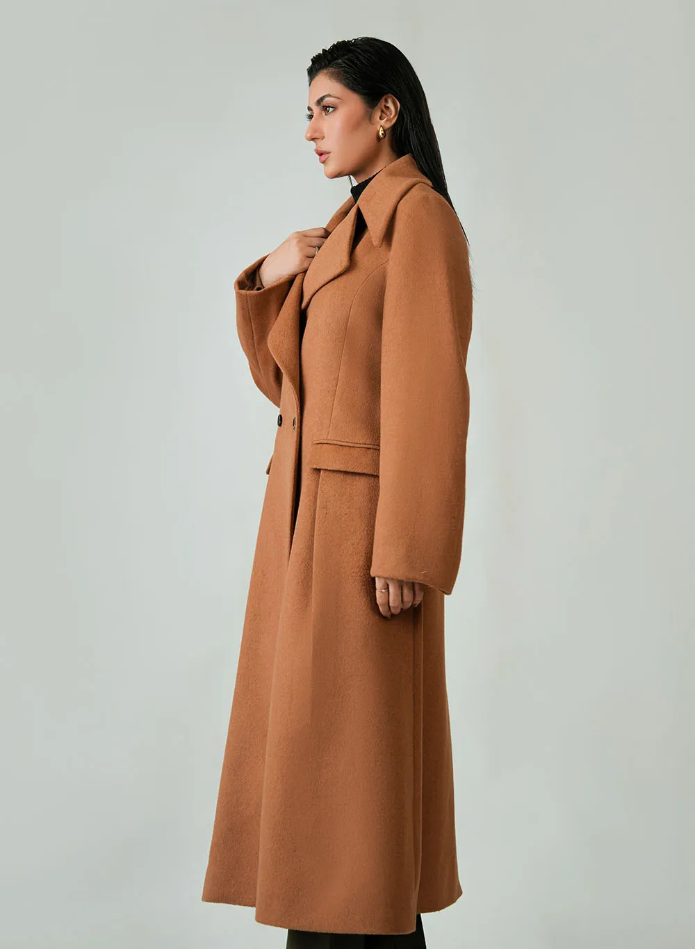 Camel Brown Woolen Fleece Long Coat for Women - Image 5