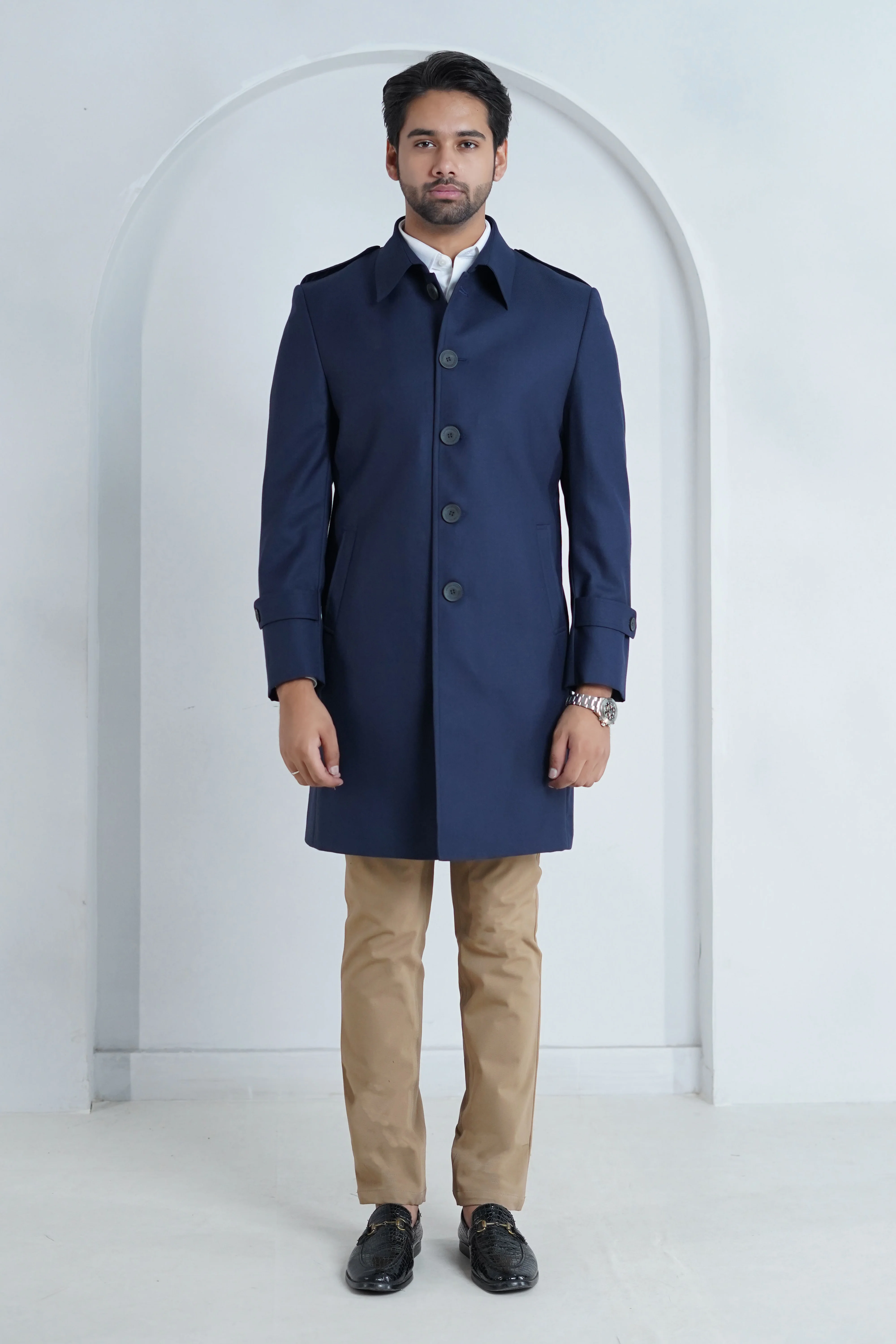 Plain Blue, Merino Wool, Superior Serge, Long Coat - Image 3