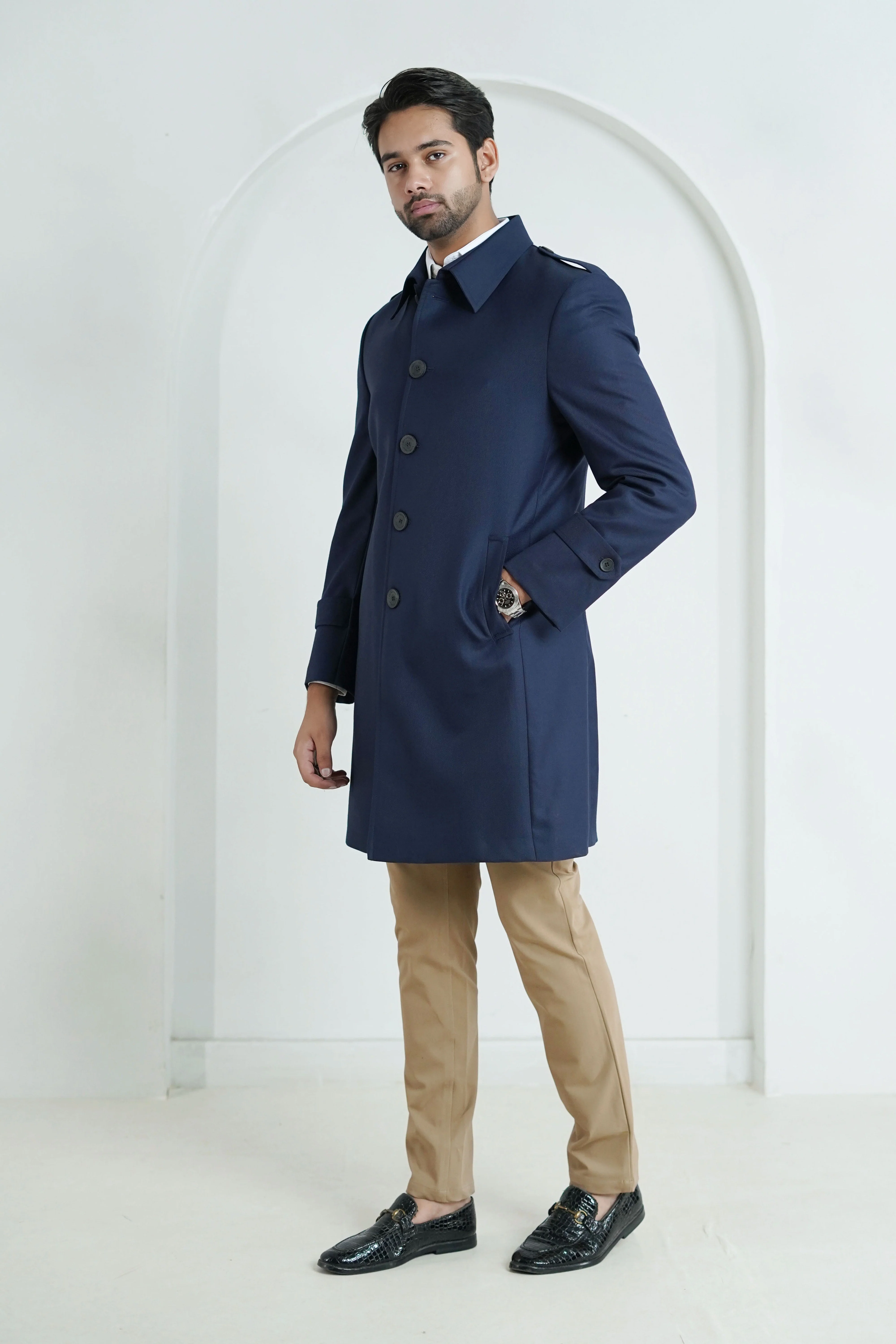 Plain Blue, Merino Wool, Superior Serge, Long Coat - Image 4