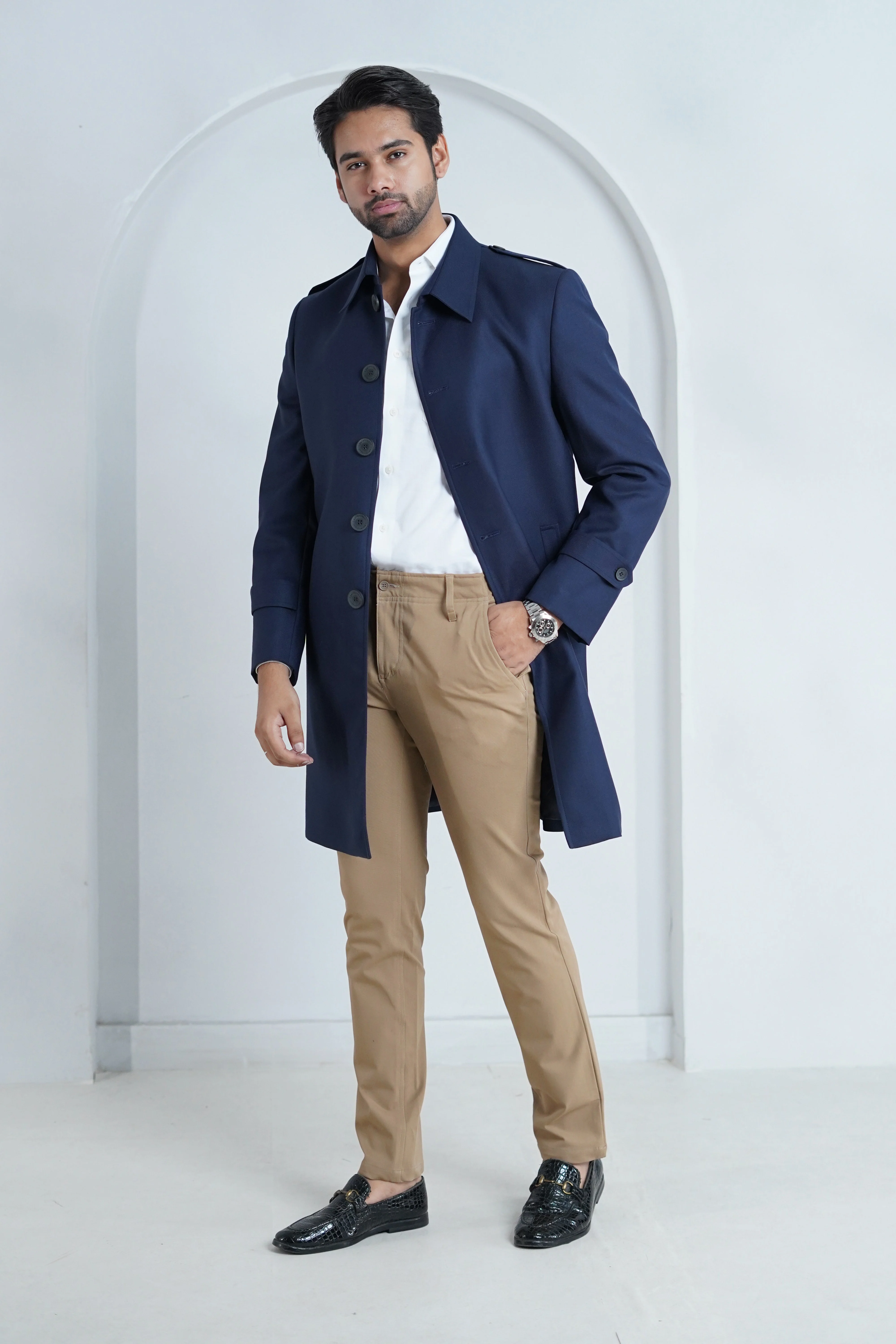 Plain Blue, Merino Wool, Superior Serge, Long Coat - Image 5