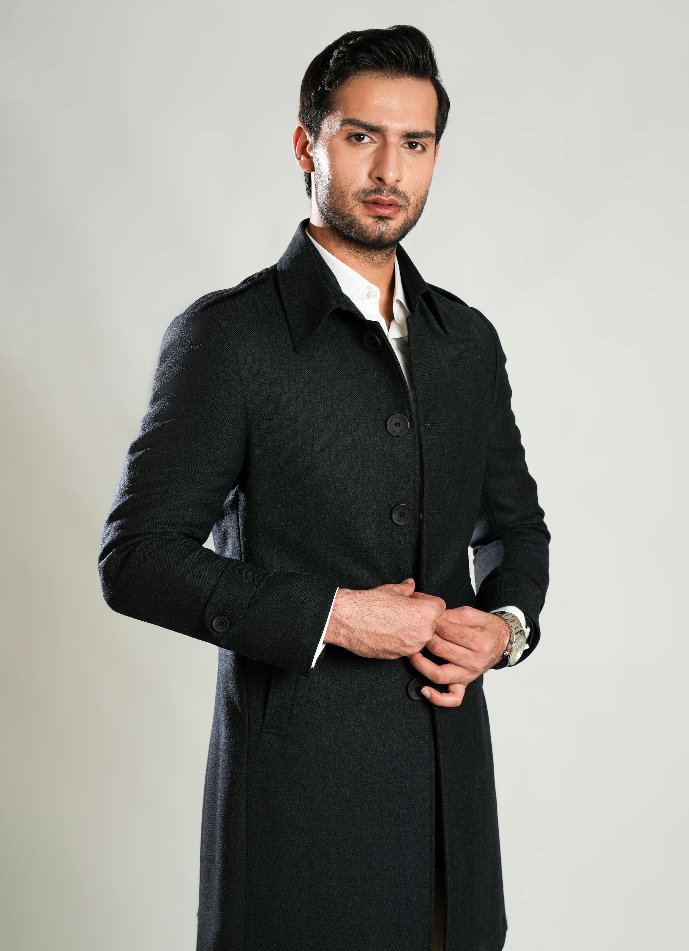 Charcoal Grey Plain Wool-Rich Worsted Tweed Long Coat