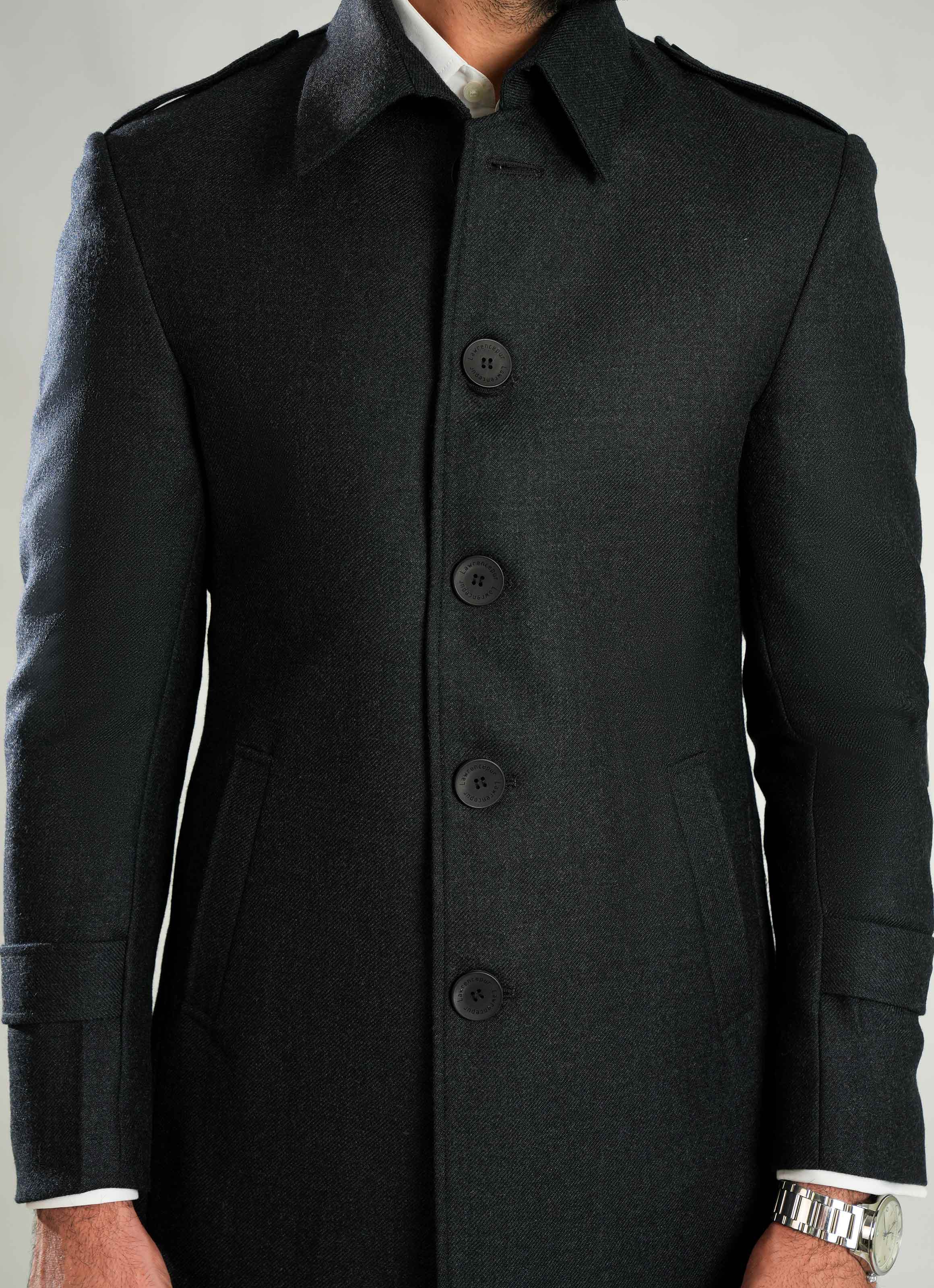 Charcoal Grey Plain Wool-Rich Worsted Tweed Long Coat - Image 2