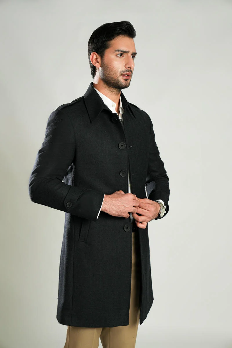 Charcoal Grey Plain Wool-Rich Worsted Tweed Long Coat - Image 3