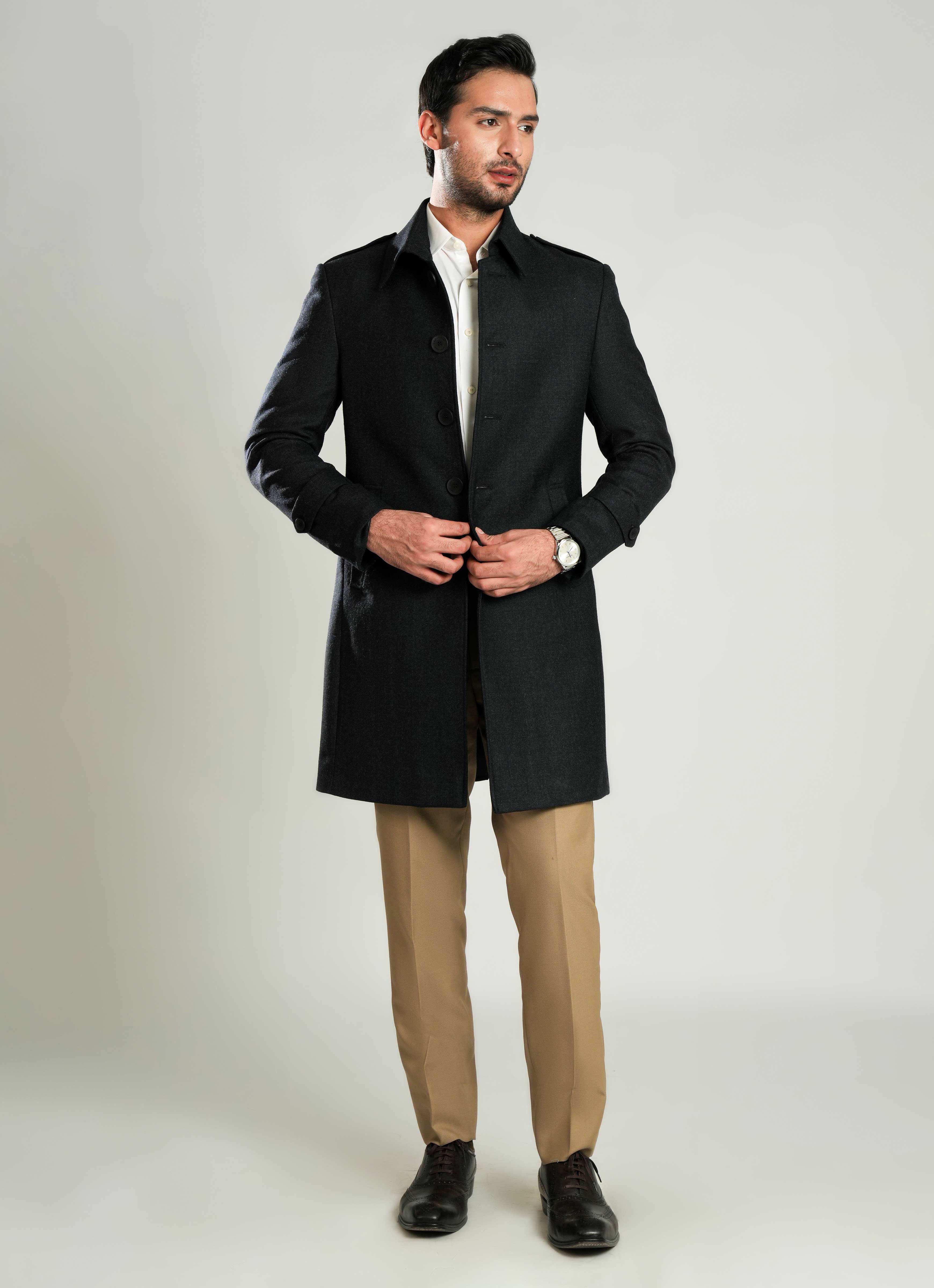 Charcoal Grey Plain Wool-Rich Worsted Tweed Long Coat - Image 4