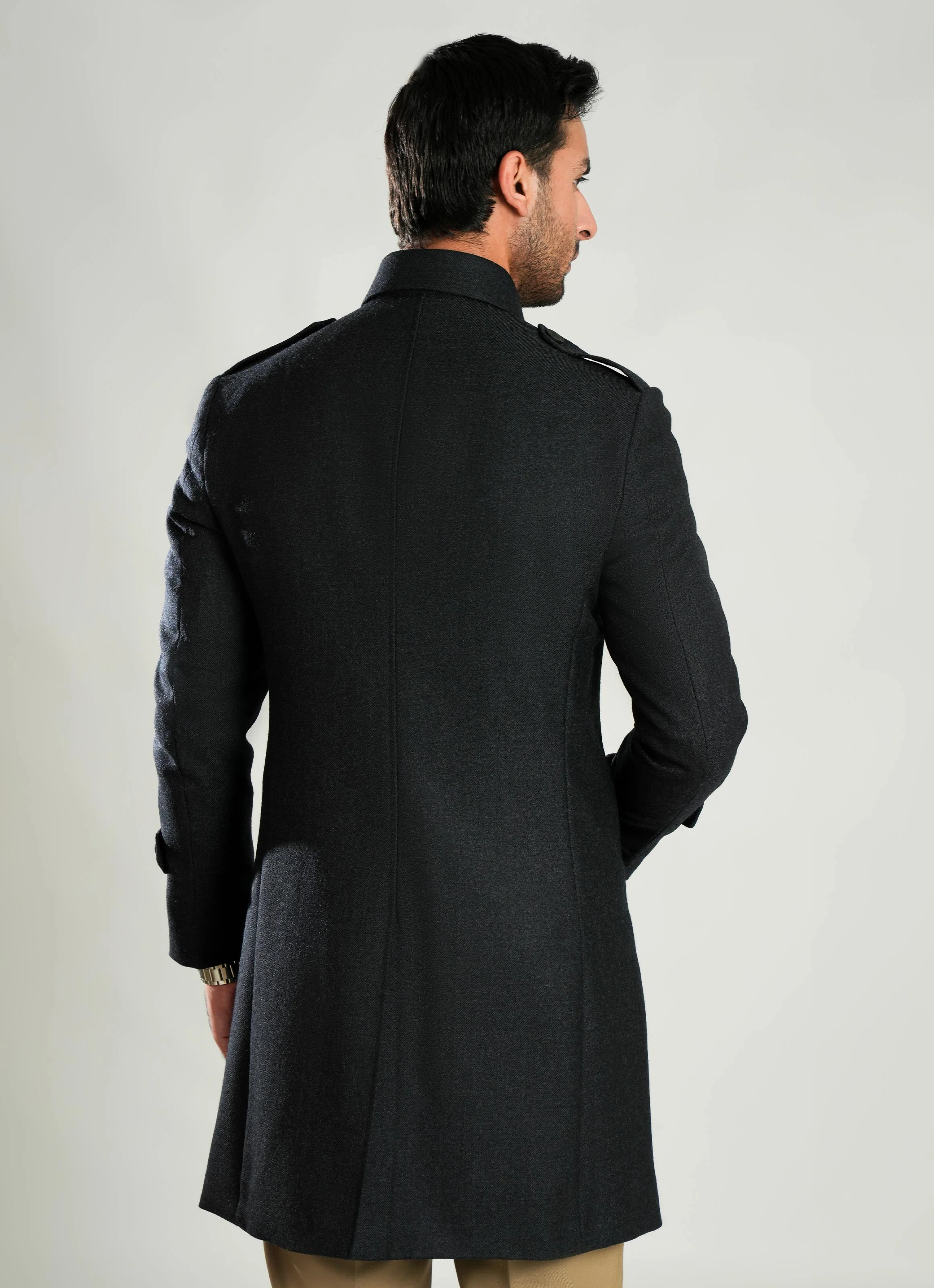 Charcoal Grey Plain Wool-Rich Worsted Tweed Long Coat - Image 5