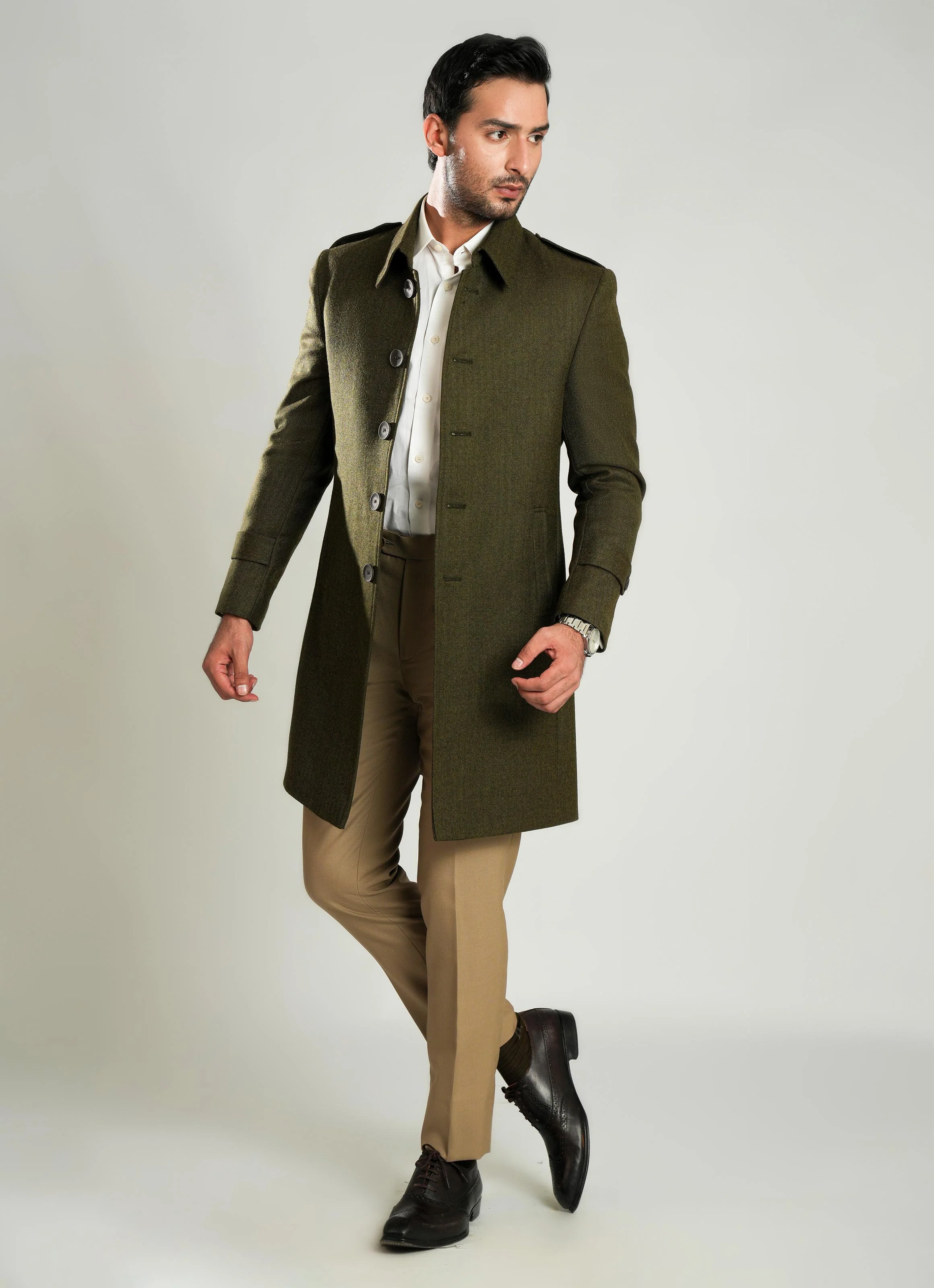 Dark Olive - Wool-Rich Worsted Tweed Long Coat - Image 3