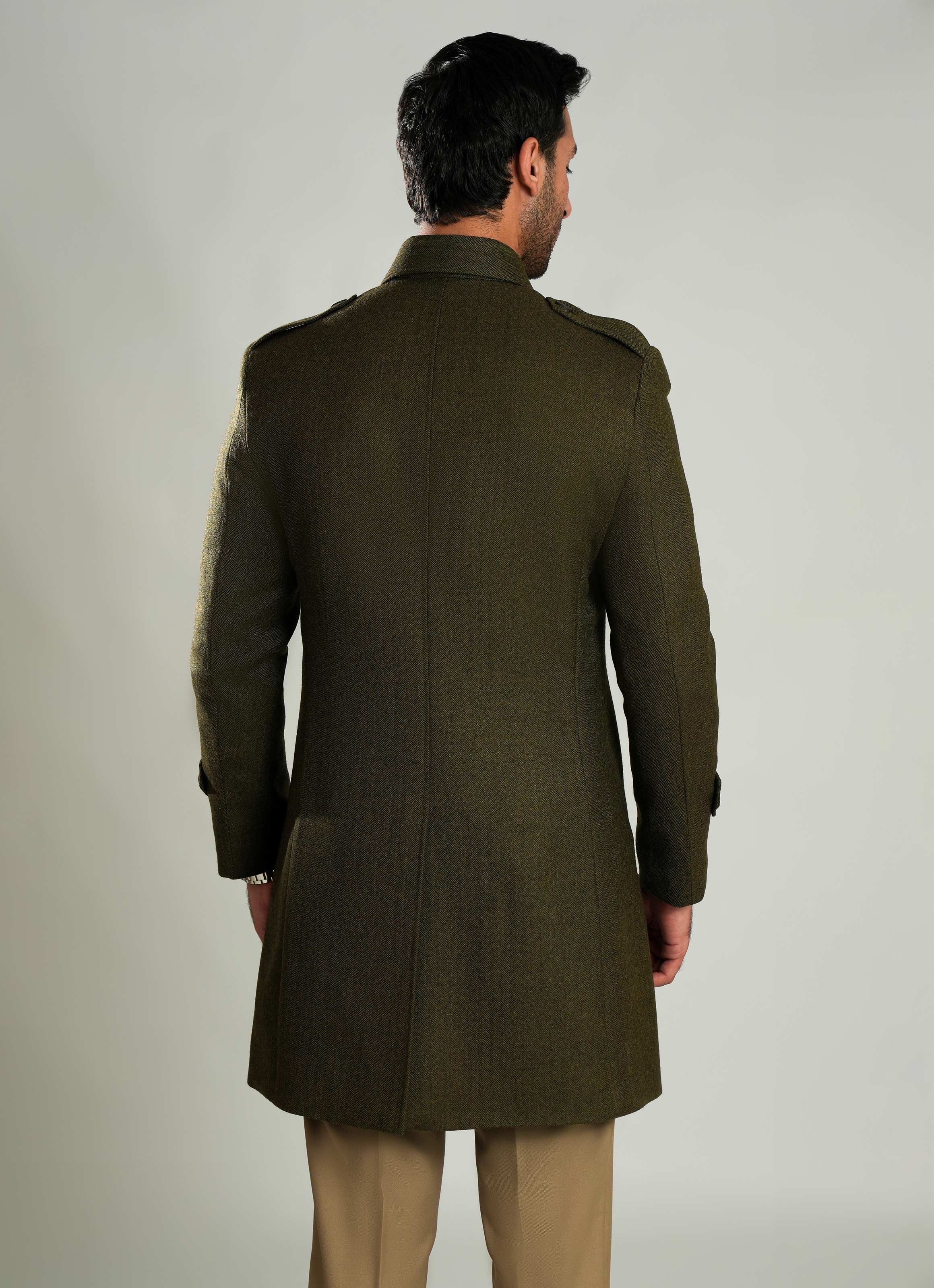 Dark Olive - Wool-Rich Worsted Tweed Long Coat - Image 4