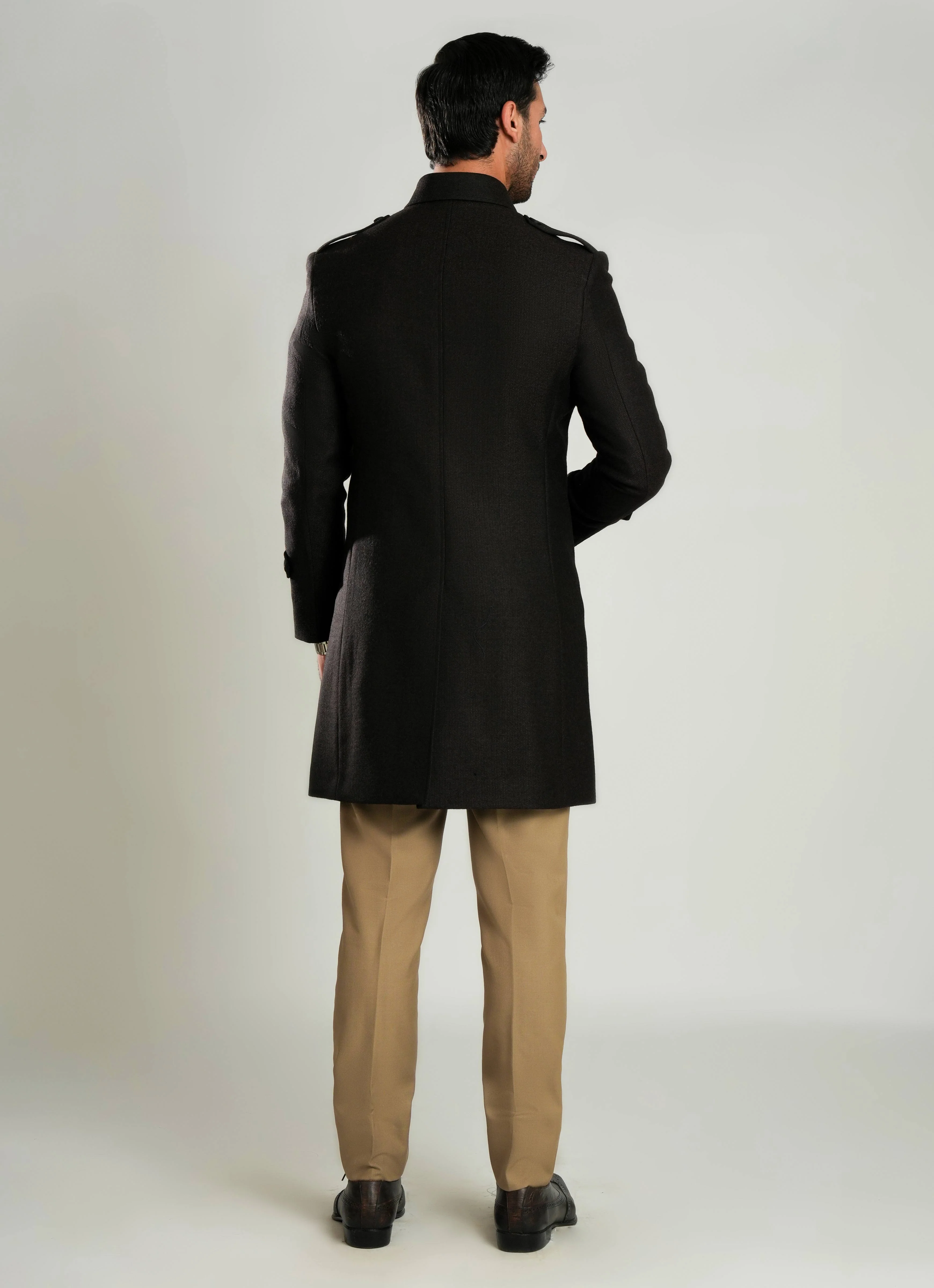 Coffee Brown - Wool-Rich Worsted Tweed Long Coat - Image 4