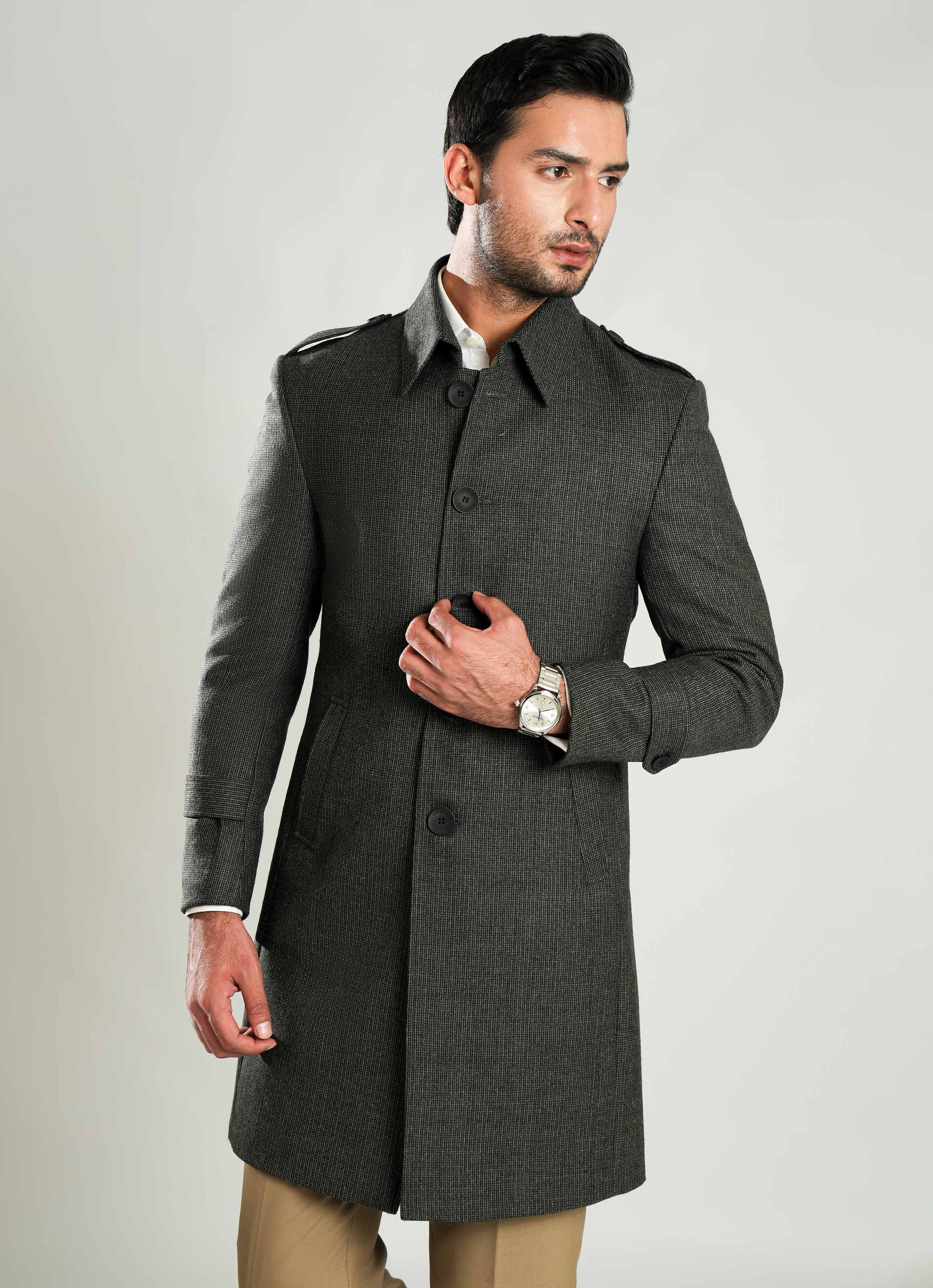 Dark Grey - Checkered Wool-Rich Worsted Tweed Long Coat - Image 5