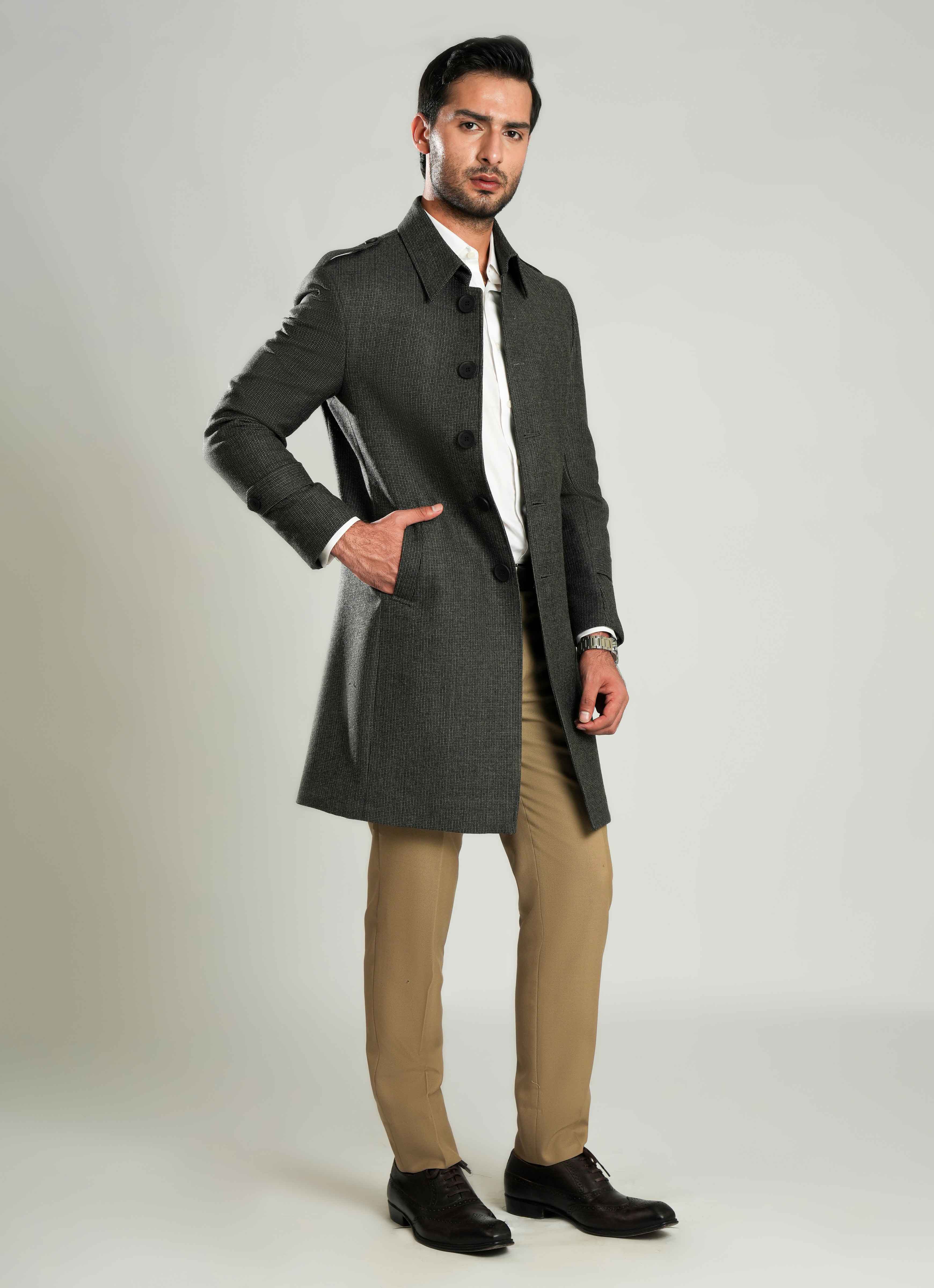 Dark Grey - Checkered Wool-Rich Worsted Tweed Long Coat - Image 6