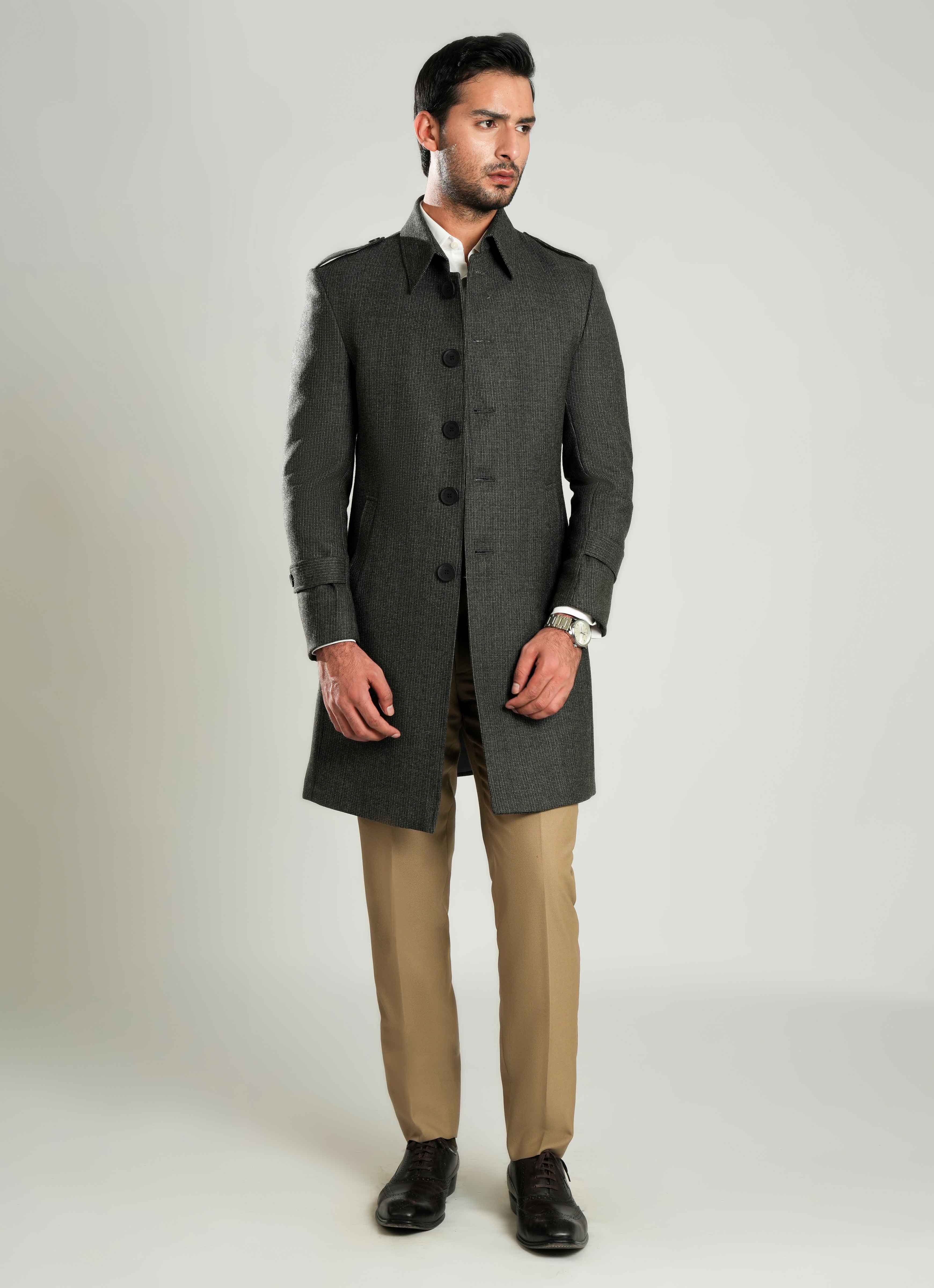 Dark Grey - Checkered Wool-Rich Worsted Tweed Long Coat - Image 7