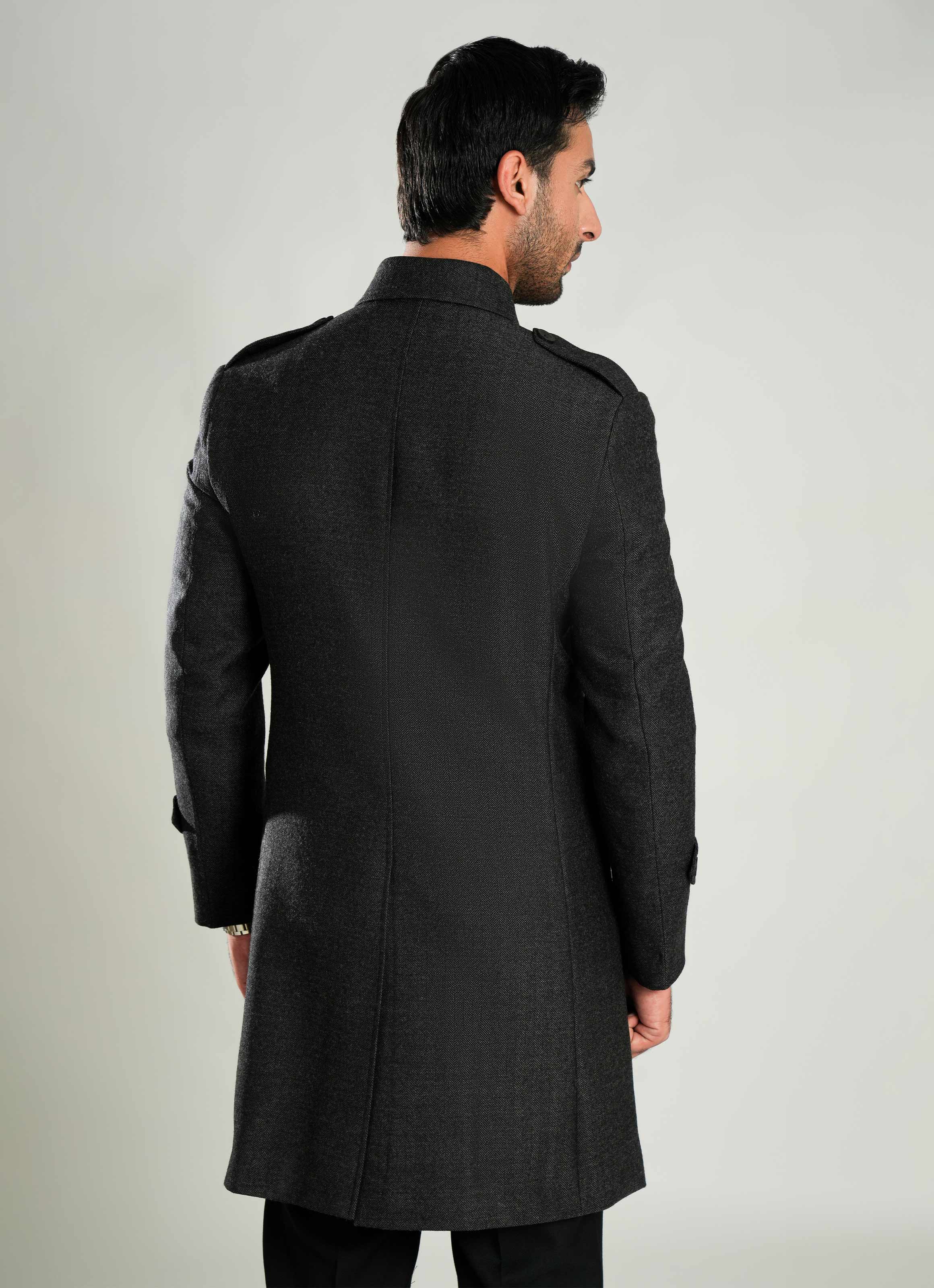 Dark Grey - Wool-Rich Worsted Tweed Long Coat - Image 3