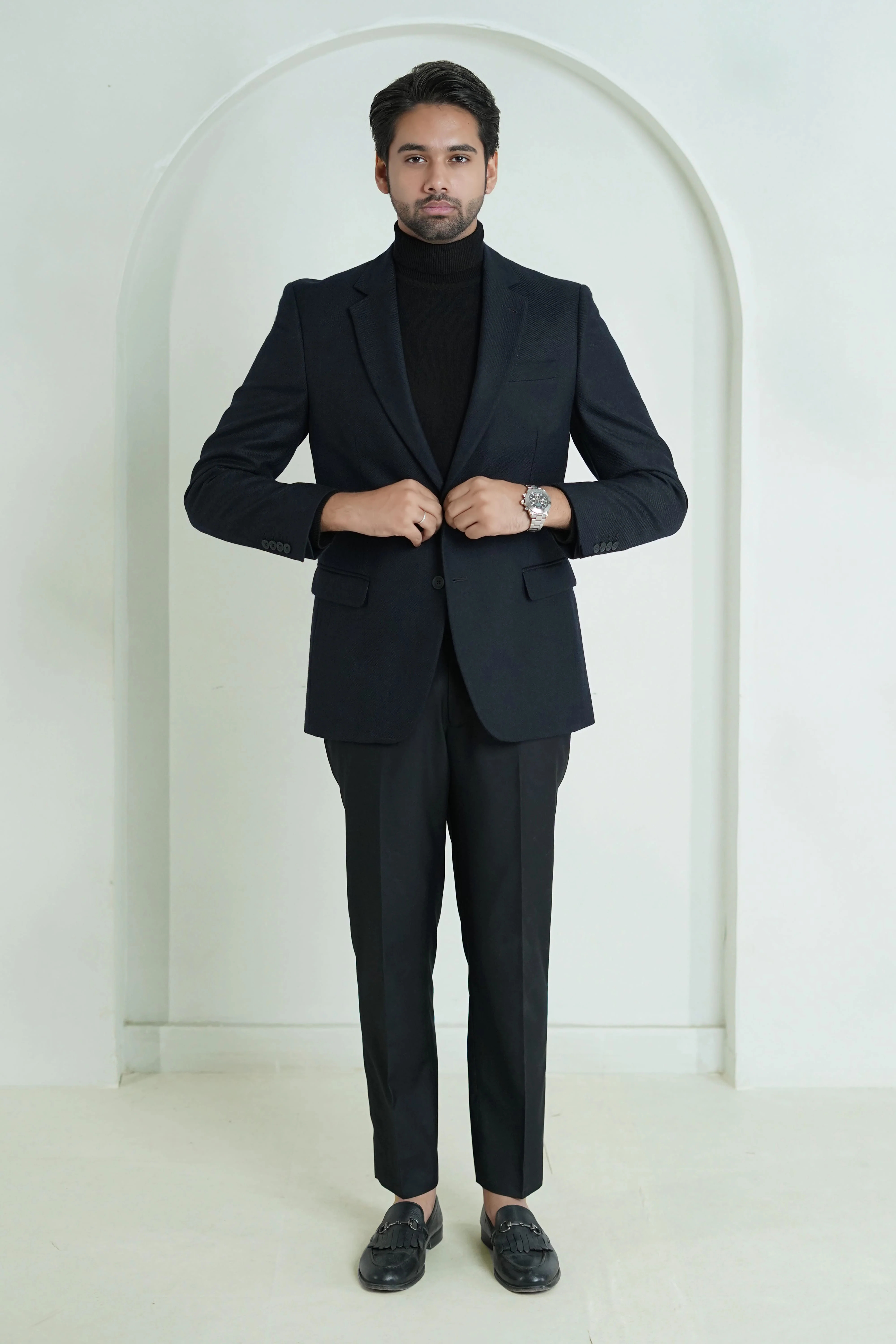 Black Plain Worsted Tweed Classic Blazer - Image 2
