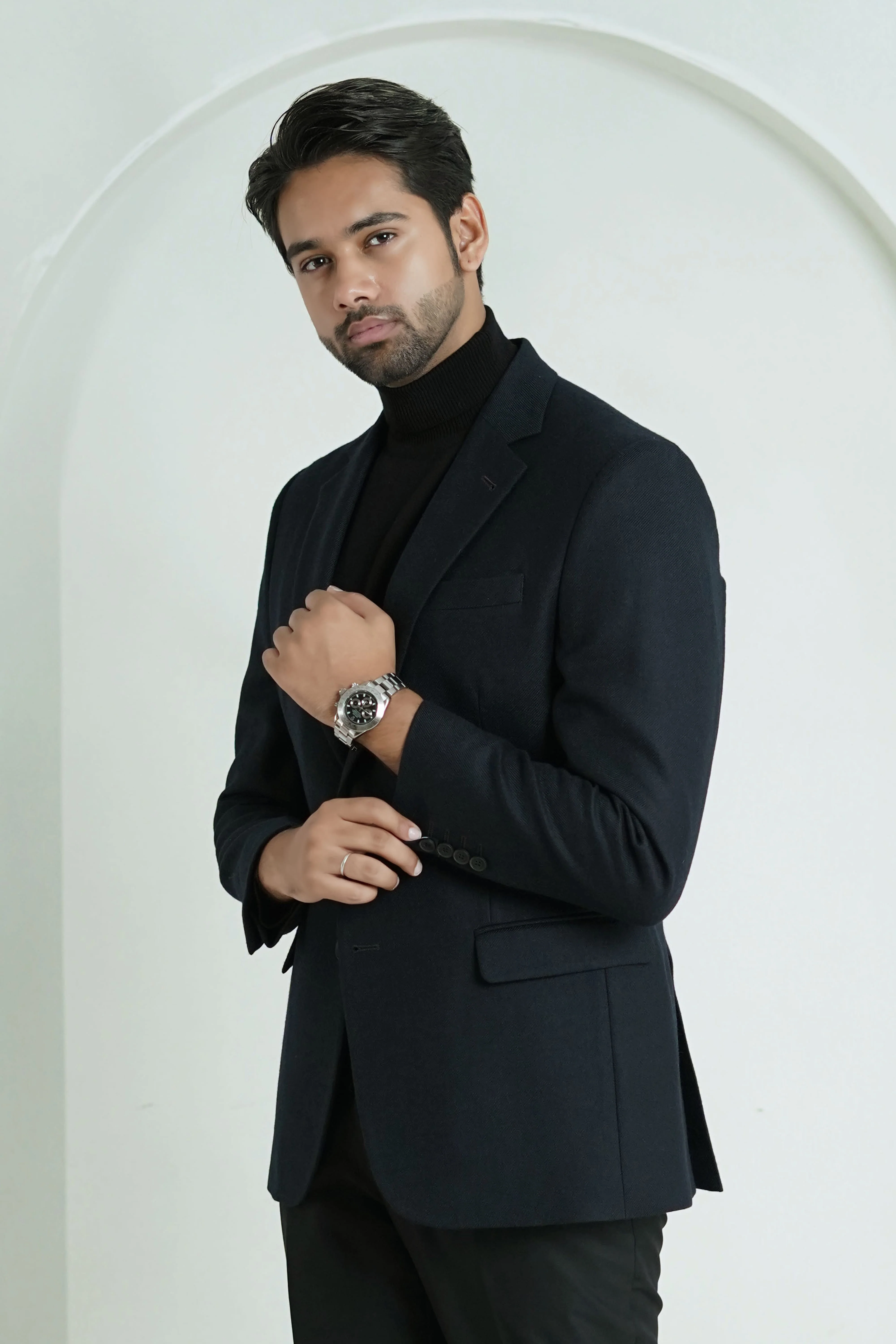 Black Plain Worsted Tweed Classic Blazer - Image 3