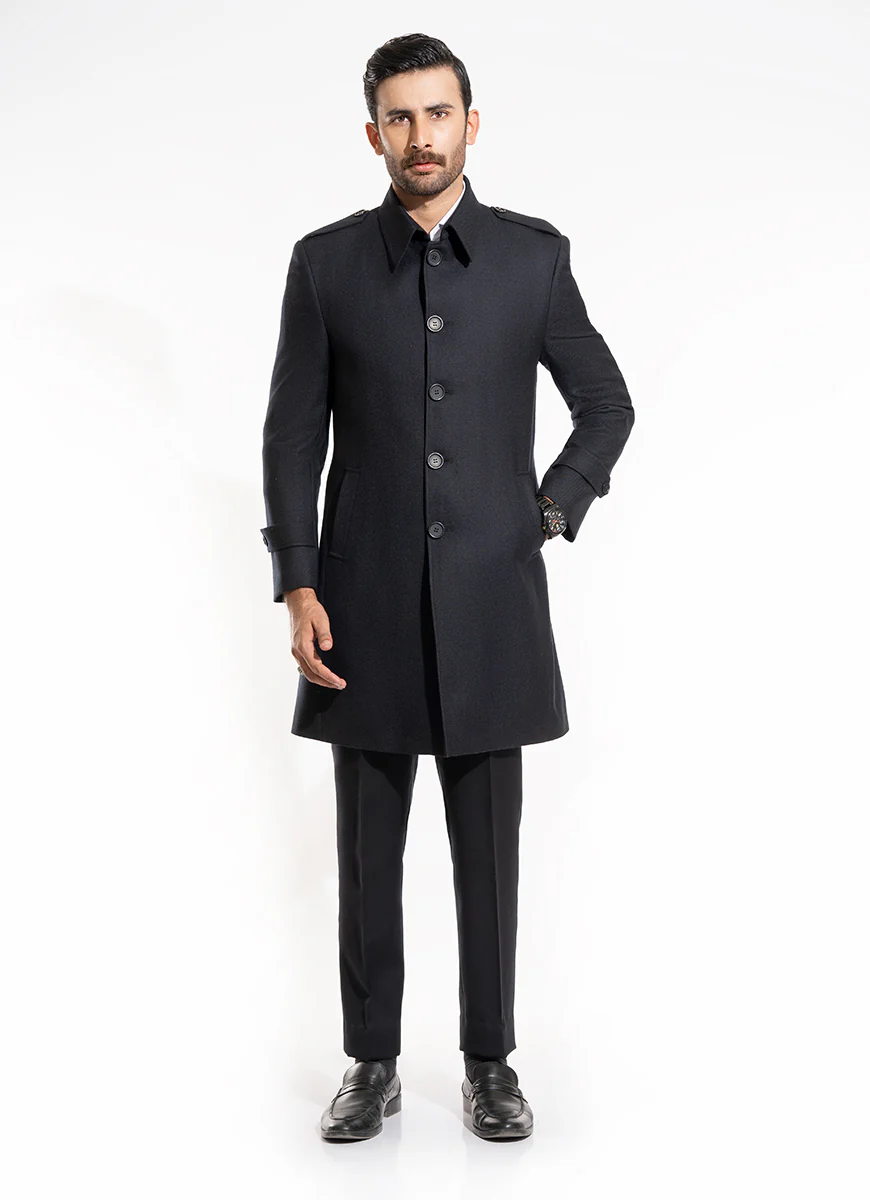 Plain-Black, Wool-Rich Worsted Tweed Long Coat - Image 3