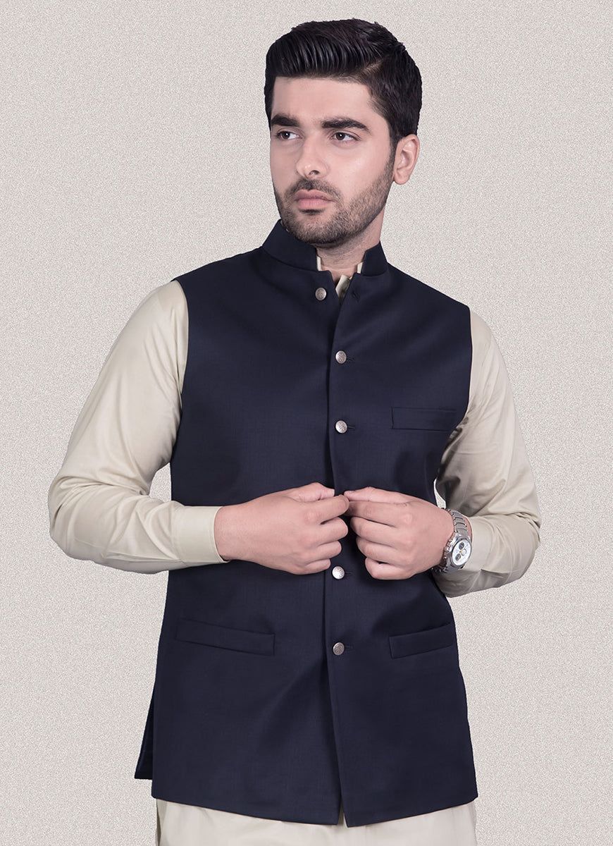 Plain Blue Gaberdine - Winter Waist Coat