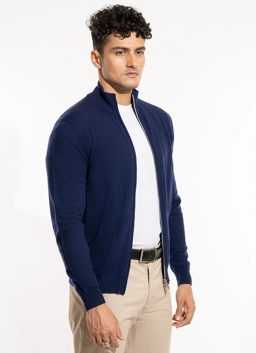 Full Zip Sweater - Merino Wool Navy Regular Fit - Image 3