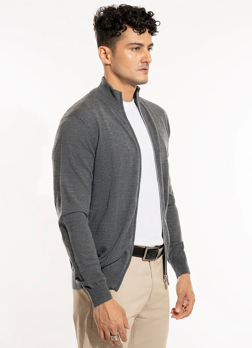 Full Zip Sweater - Merino Wool Grey Plain - Image 3