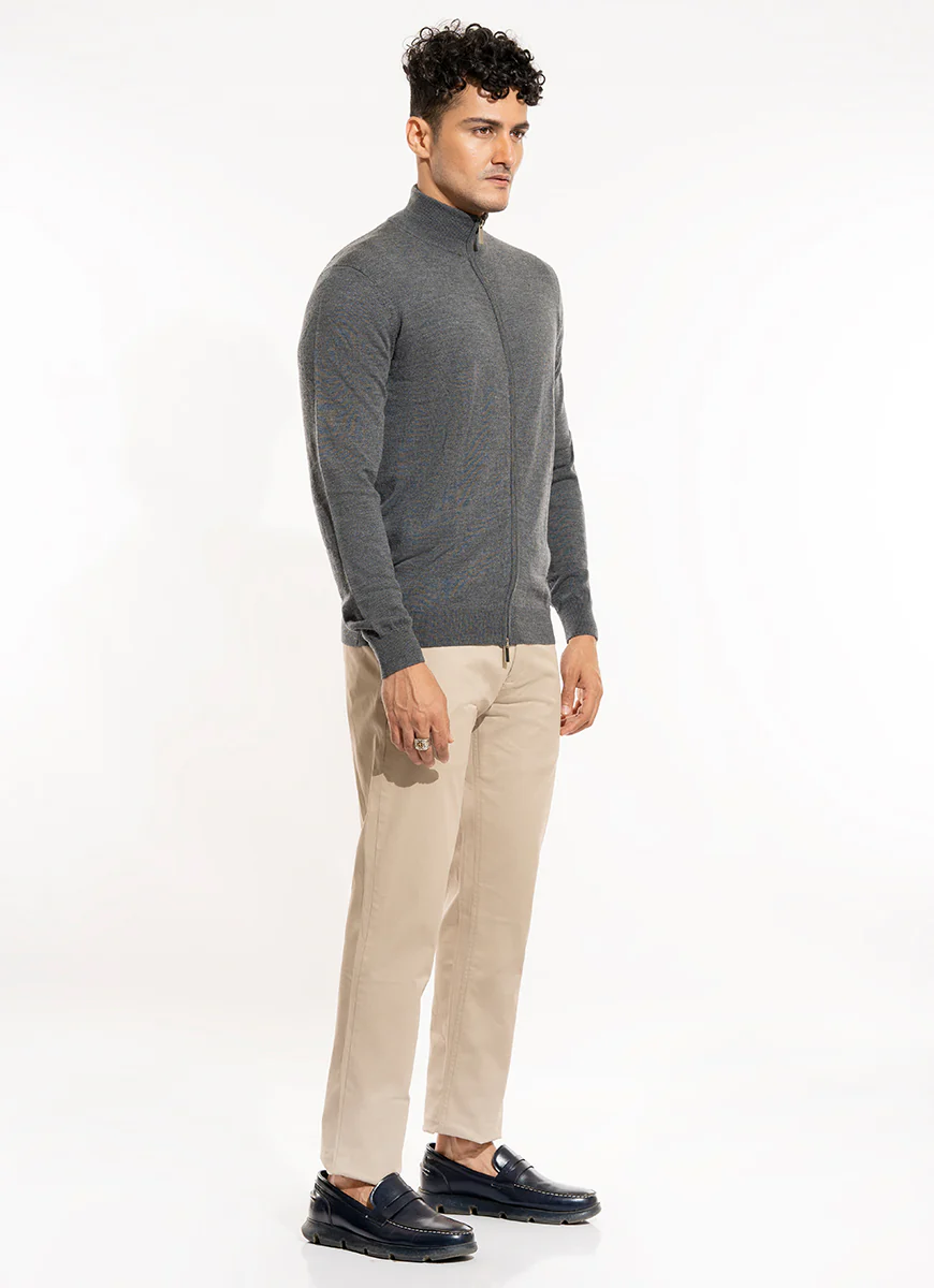 Full Zip Sweater - Merino Wool Grey Plain - Image 4