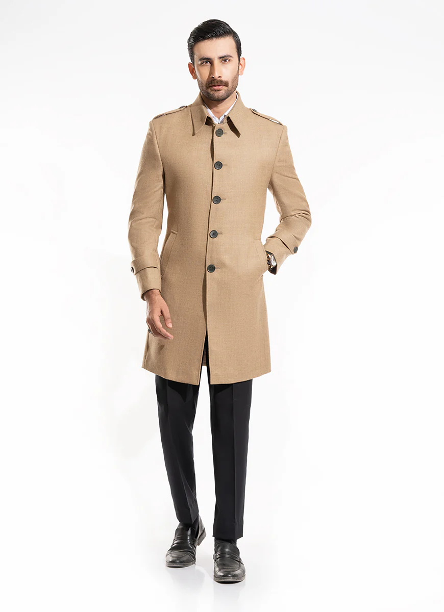 Plain-Peanut Brown, Wool-Rich Worsted Tweed Long Coat - Image 3