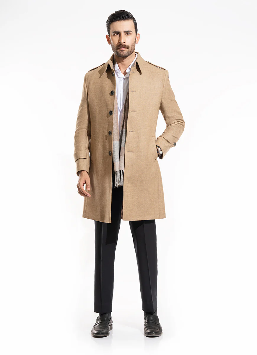 Plain-Peanut Brown, Wool-Rich Worsted Tweed Long Coat - Image 4