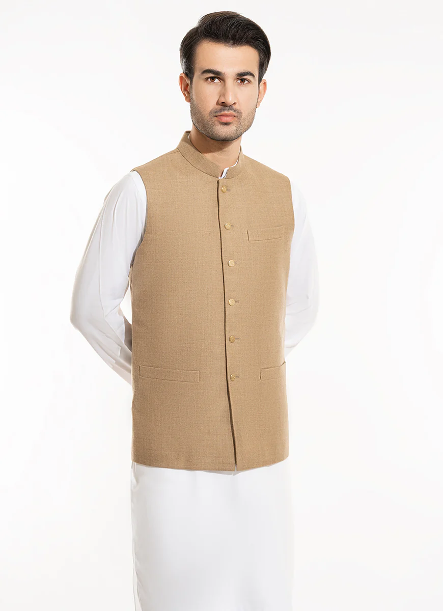 PlainPeanut Brown Wool Rich Worsted Tweed - Winter Waist Coat - Image 3