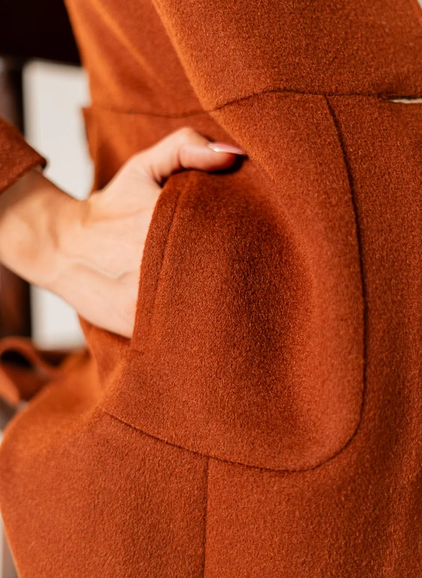 Ladies Long Coat - Woolen Fleece Camel Brown Plain - Image 3
