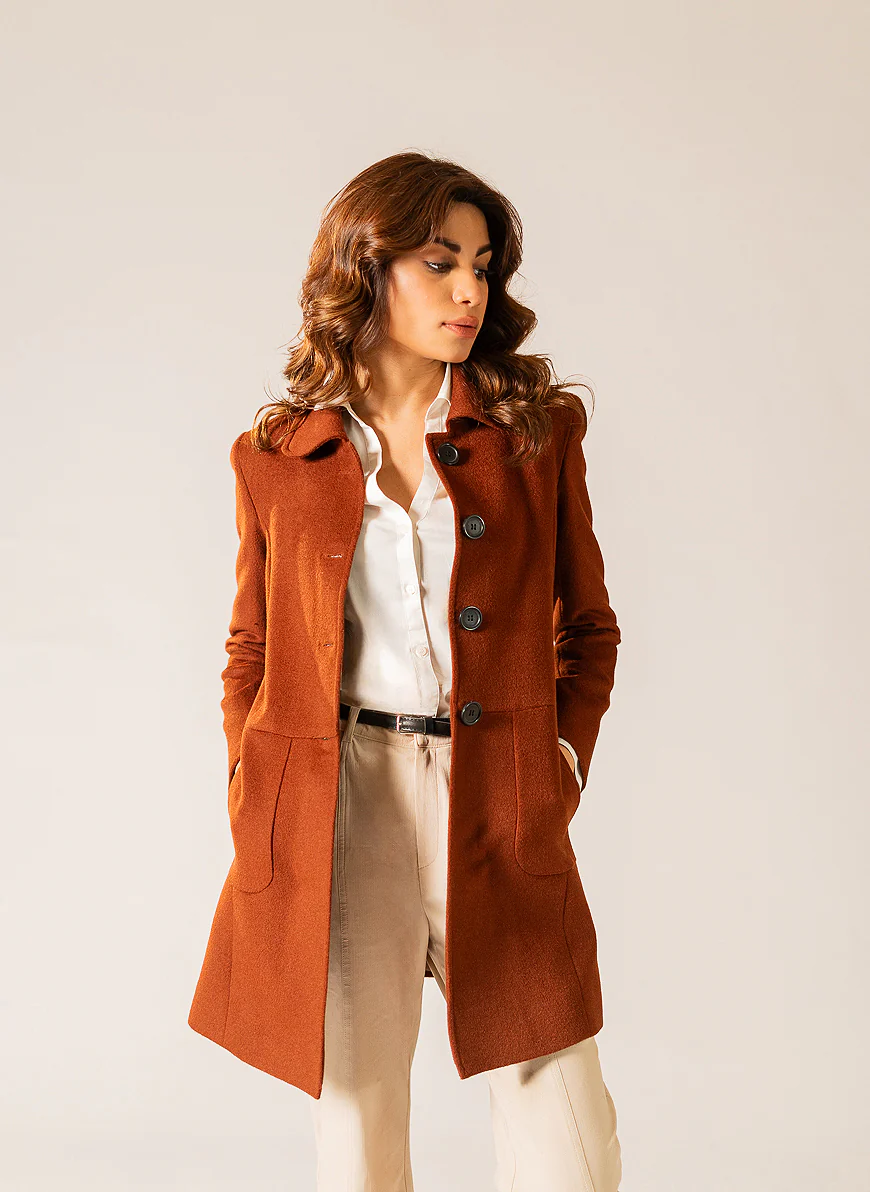 Ladies Long Coat - Woolen Fleece Camel Brown Plain - Image 4