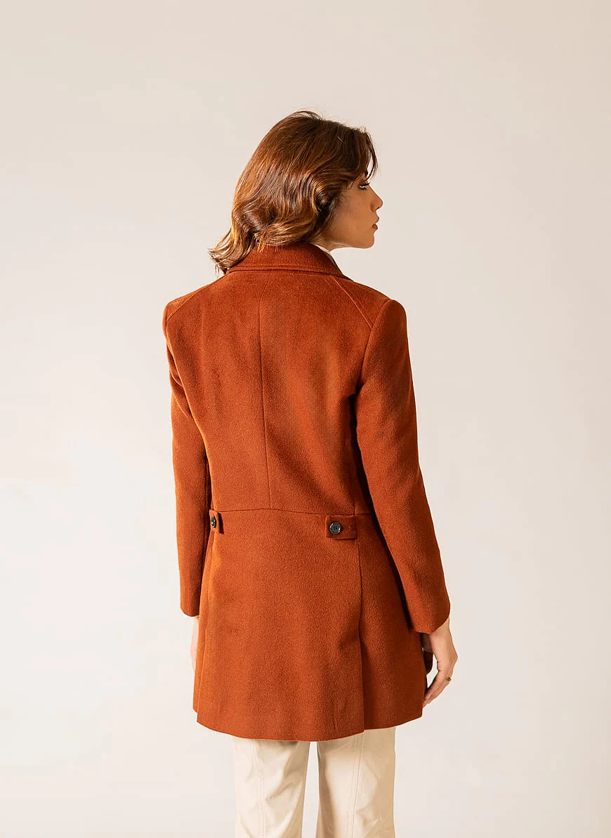 Ladies Long Coat - Woolen Fleece Camel Brown Plain - Image 5