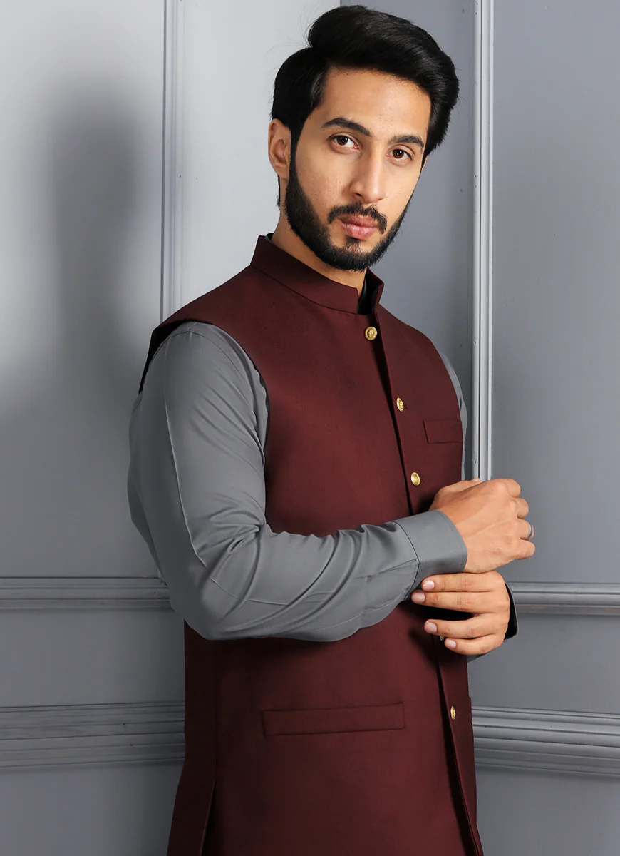 Plain TwillMaroon Merino Wool Superior Serge - Winter Waist Coat - Image 5