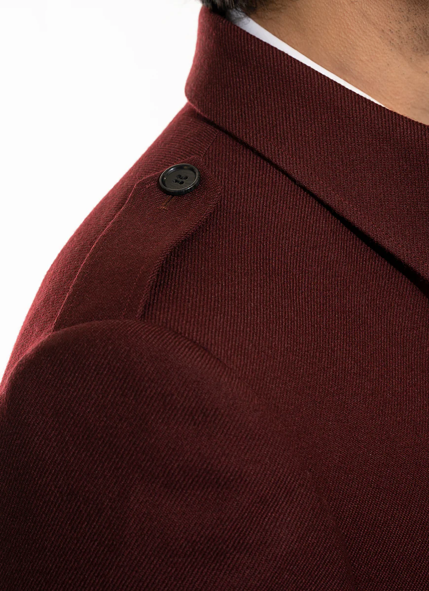 Plain Twill-Maroon,  Wool-Rich Worsted Tweed Long Coat - Image 3