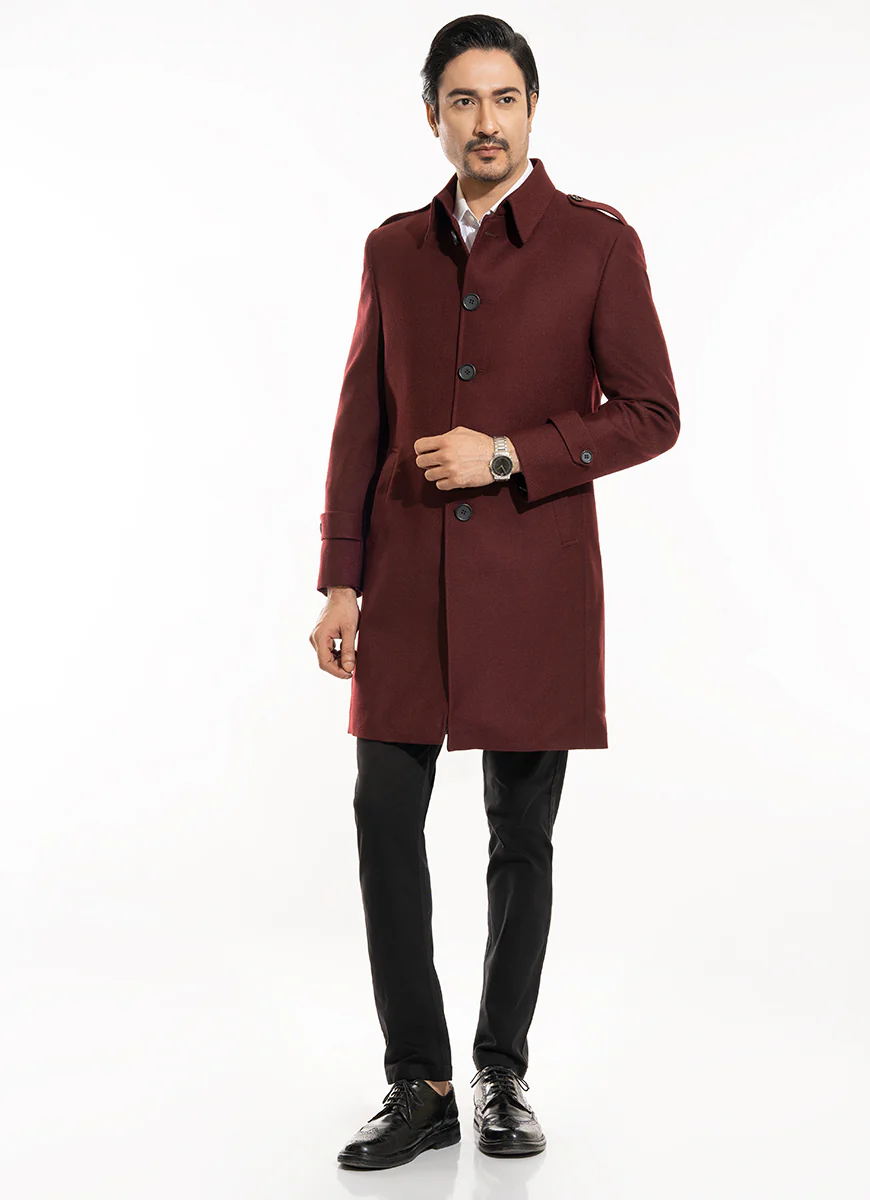 Plain Twill-Maroon,  Wool-Rich Worsted Tweed Long Coat - Image 4