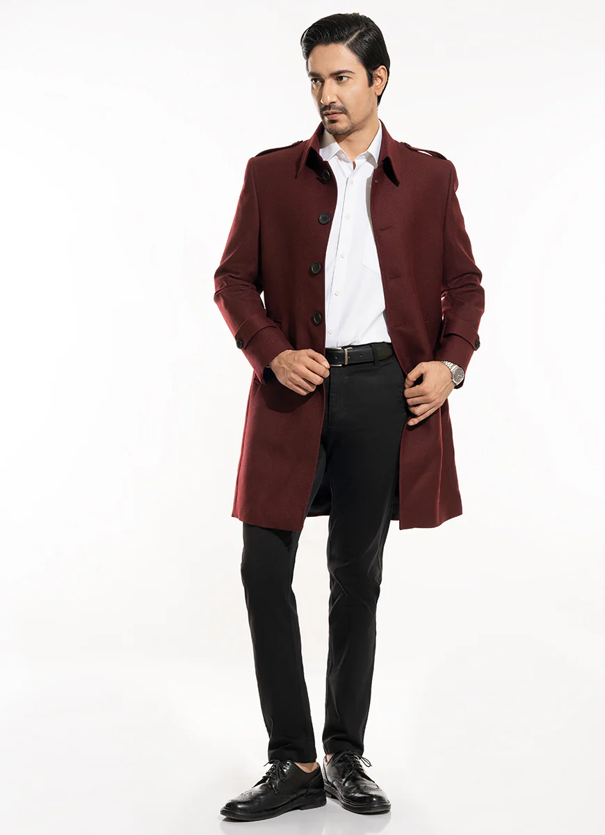 Plain Twill-Maroon,  Wool-Rich Worsted Tweed Long Coat - Image 5