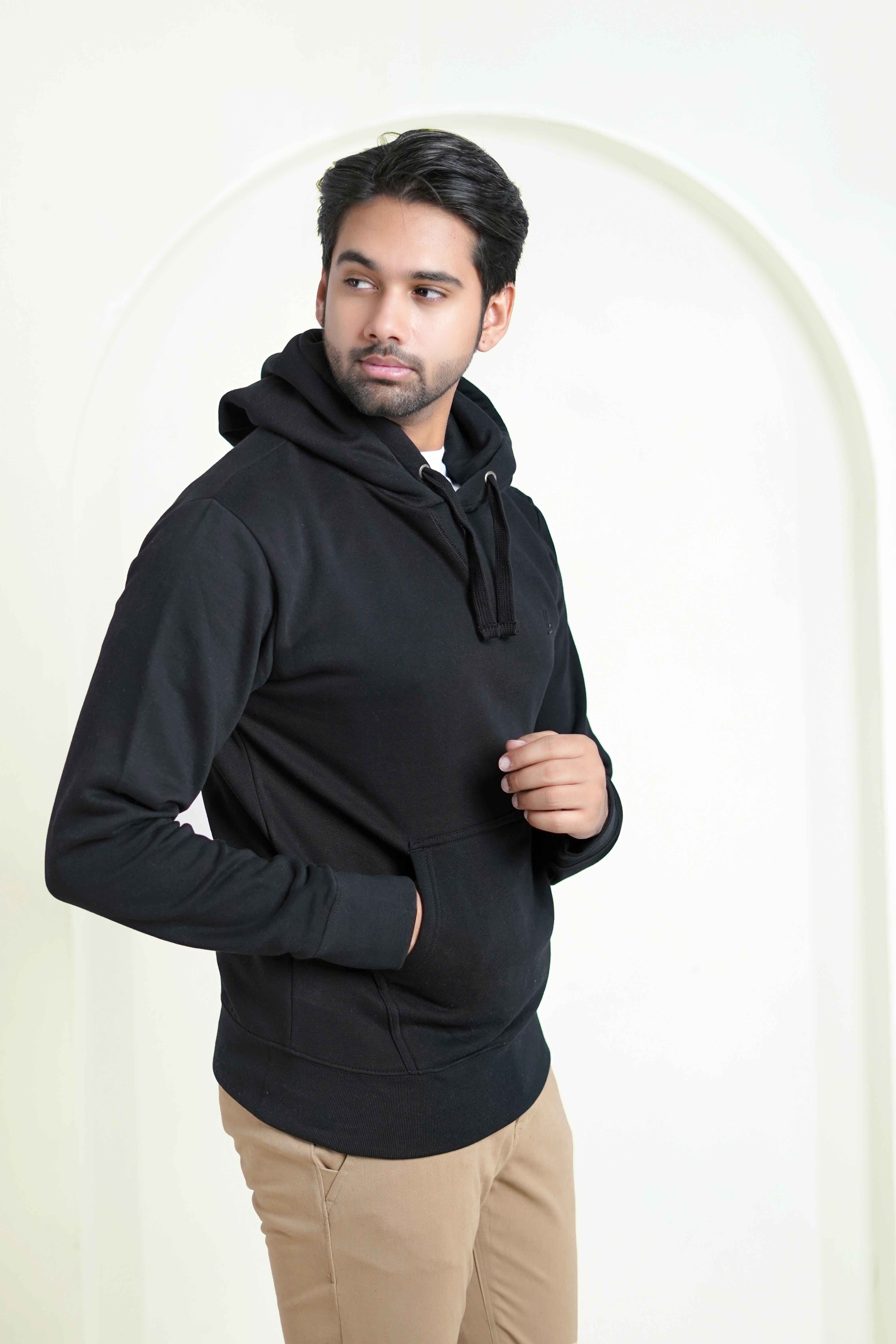 Pull Over Hoodie - Woolen Fleece Black Plain - Image 2