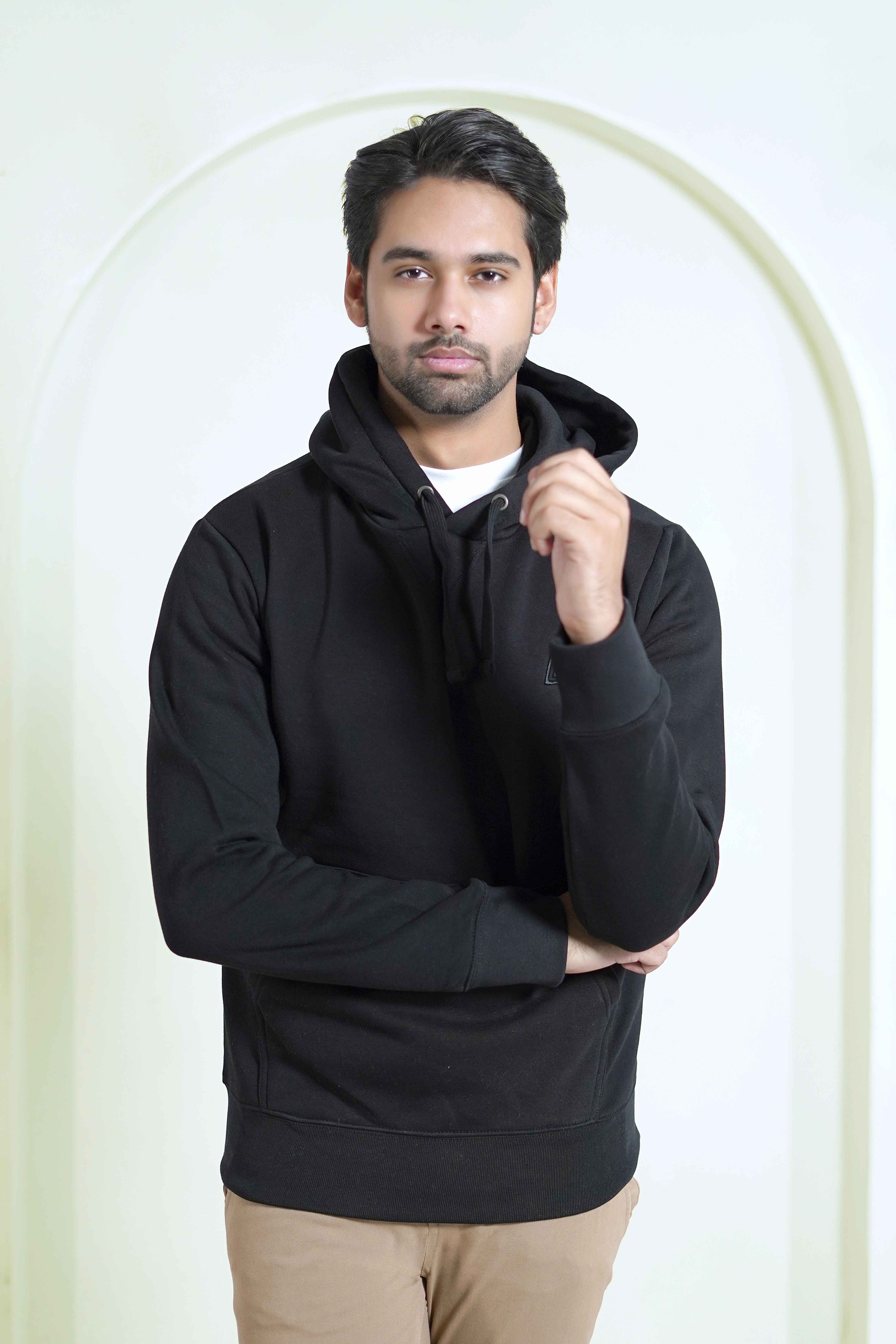 Pull Over Hoodie - Woolen Fleece Black Plain - Image 3