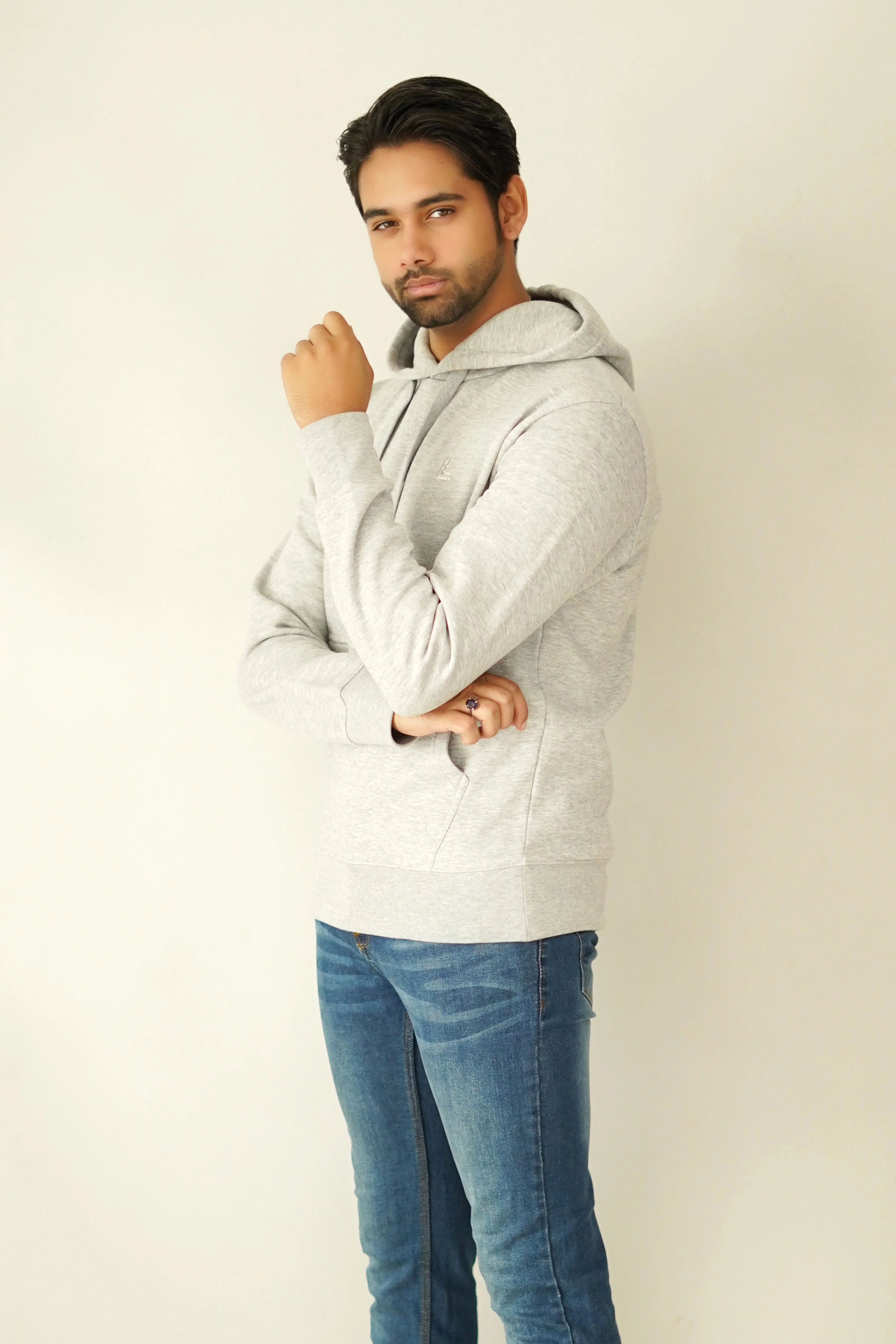 Pull Over Hoodie - Woolen Fleece Grey Heather Plain - Image 4
