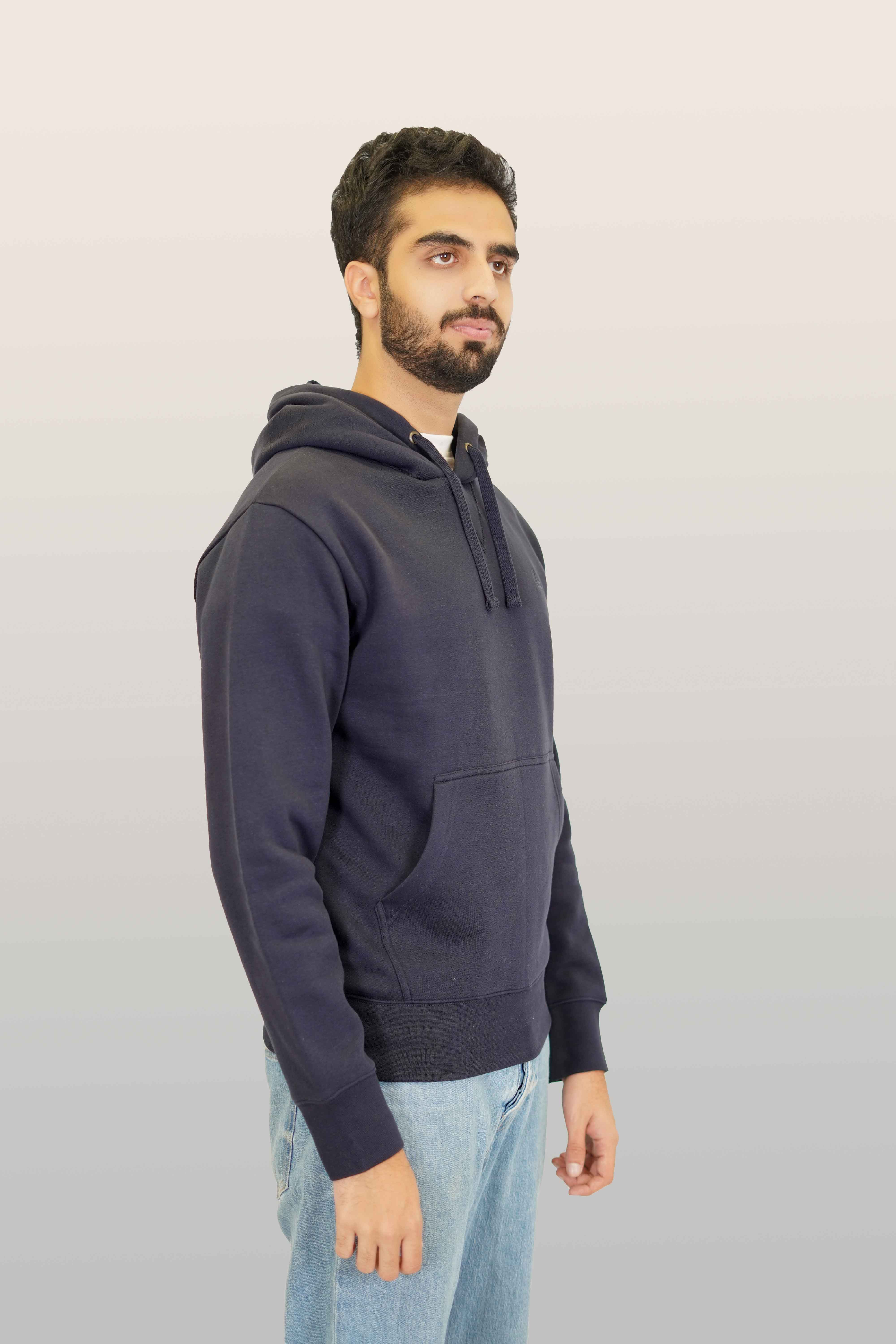 Pull Over Hoodie - Woolen Fleece Navy Blue Plain - Image 3