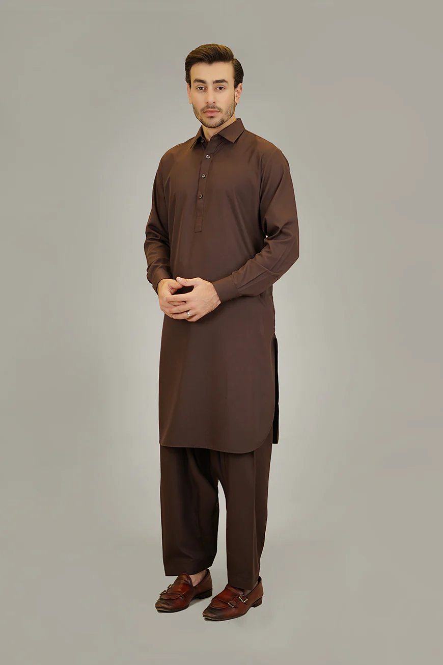 Shalwar Kameez - Baltoro Chocolate Brown Plain - Image 4
