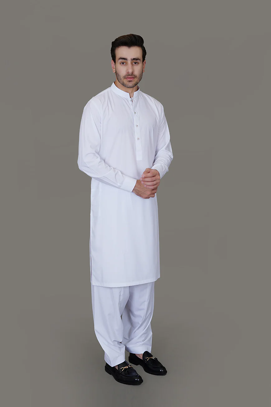 Shalwar Kameez - Boski Synthetic White Plain - Image 3