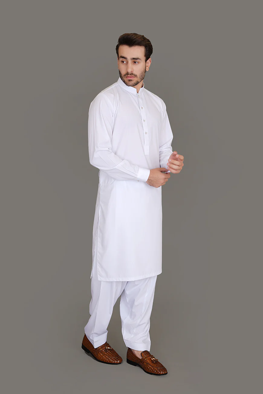 Shalwar Kameez - Boski Synthetic White Plain - Image 4