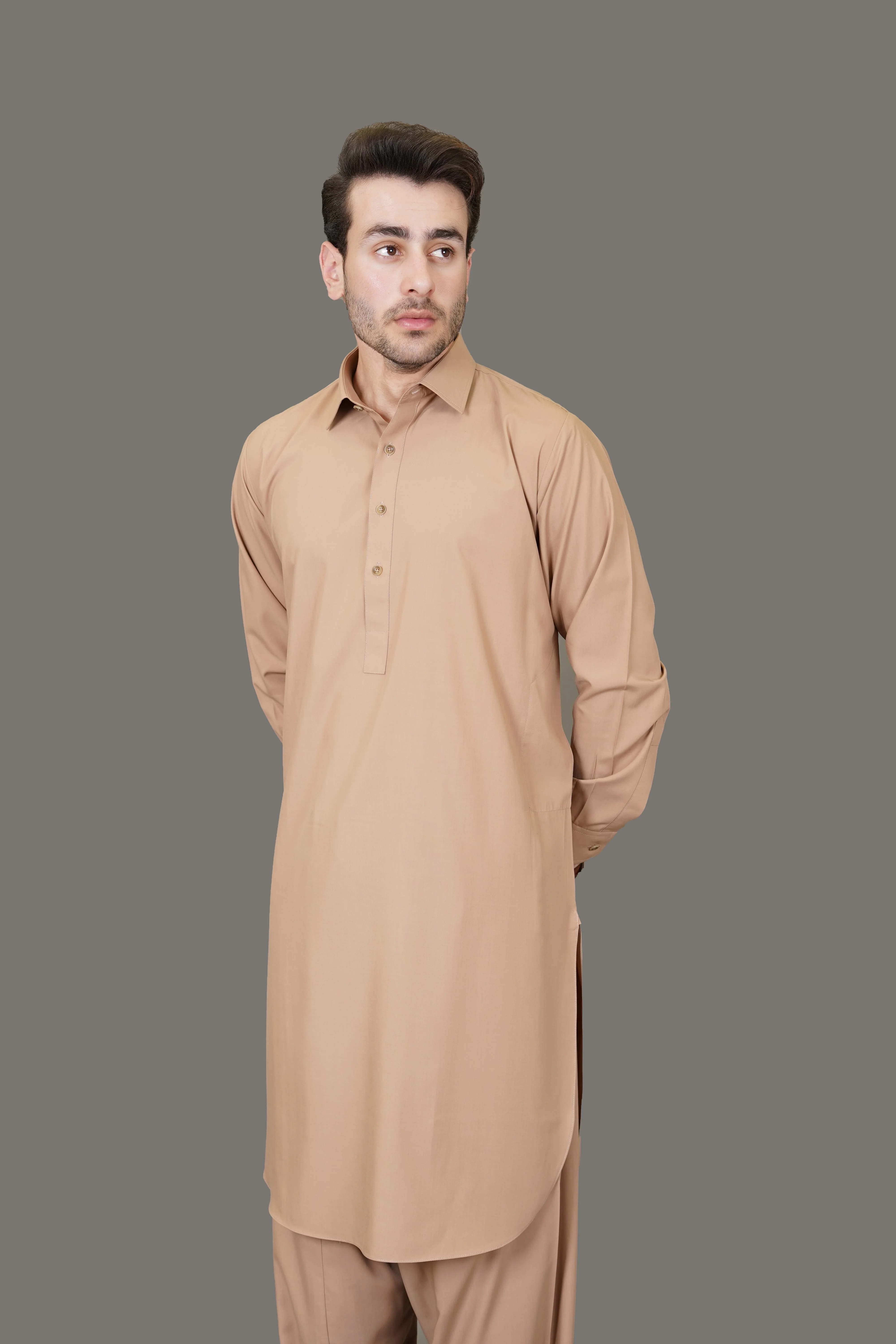 Camal Brown Plain Delta Wash N Wear Shalwar Kameez - Image 2