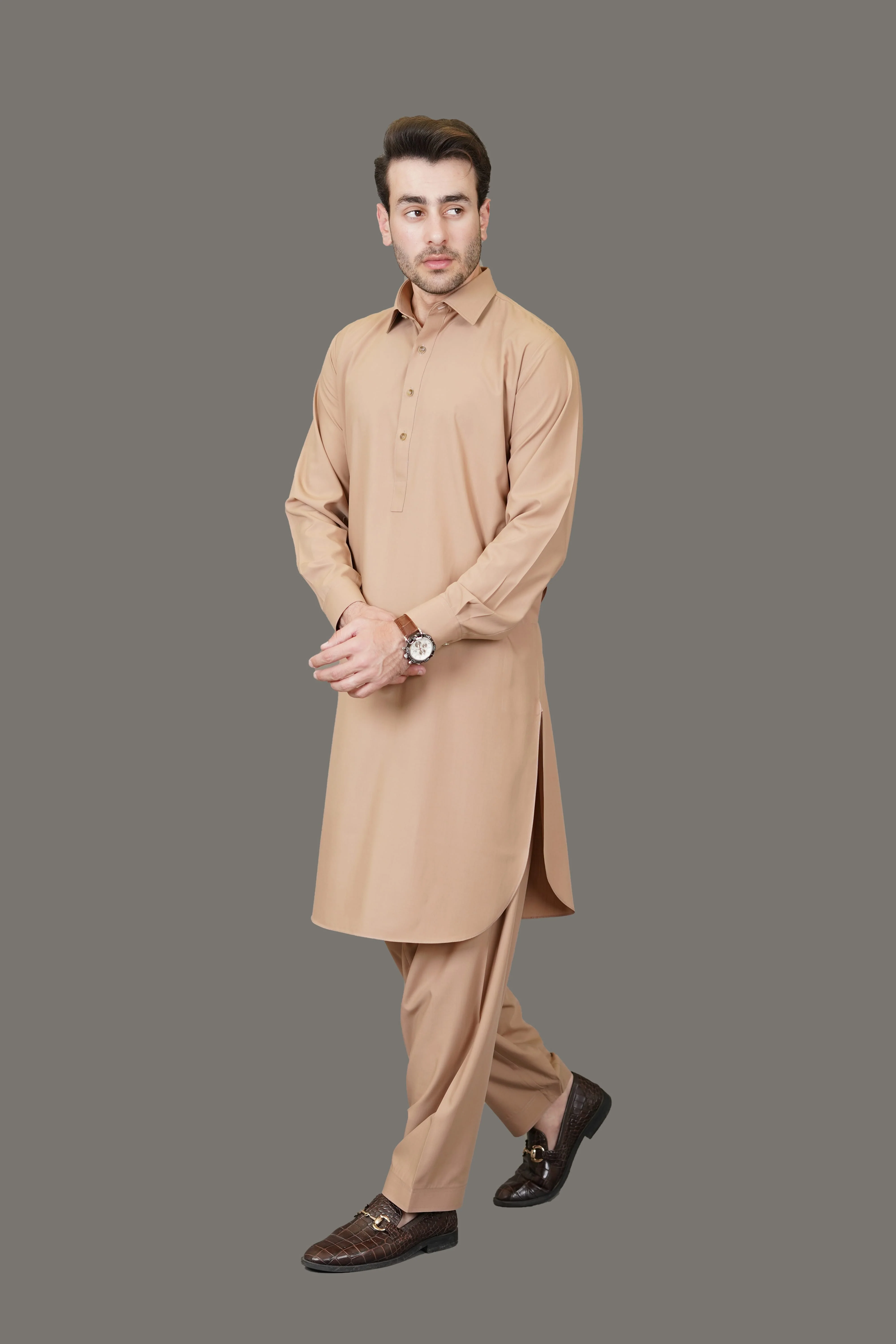 Camal Brown Plain Delta Wash N Wear Shalwar Kameez - Image 3