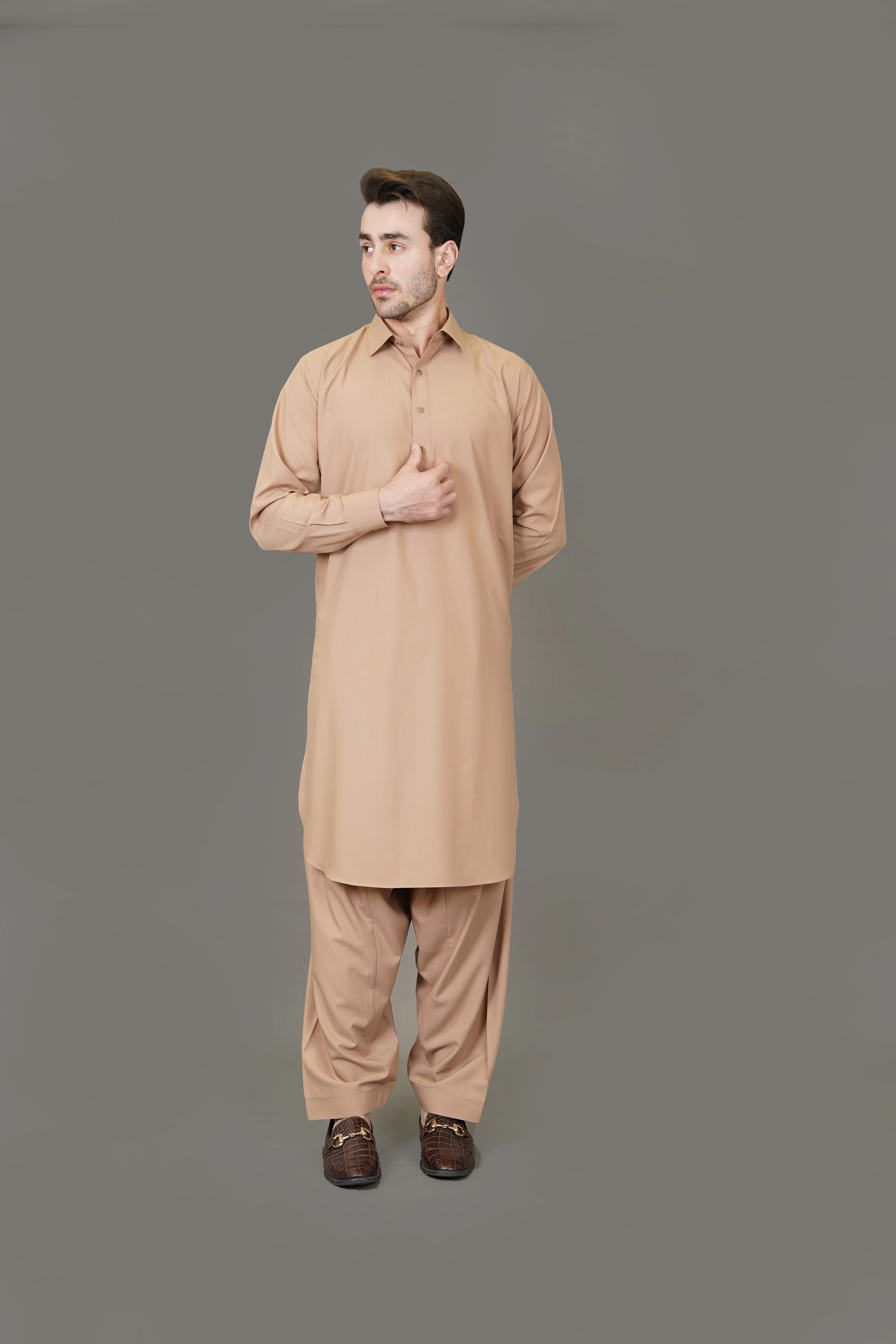 Camal Brown Plain Delta Wash N Wear Shalwar Kameez - Image 4