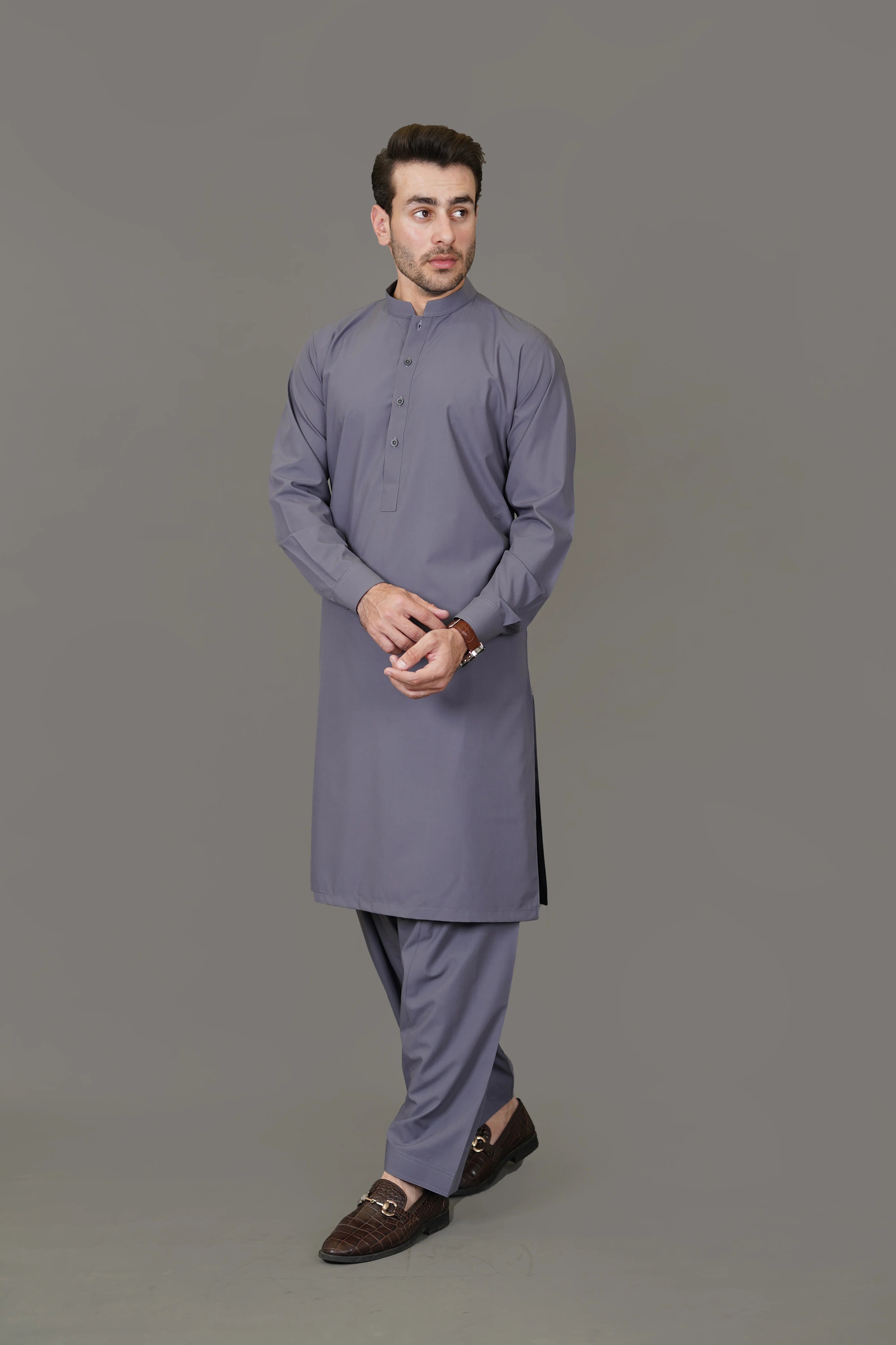 Grey Plain Delta Wash N Wear Shalwar Kameez - Image 2