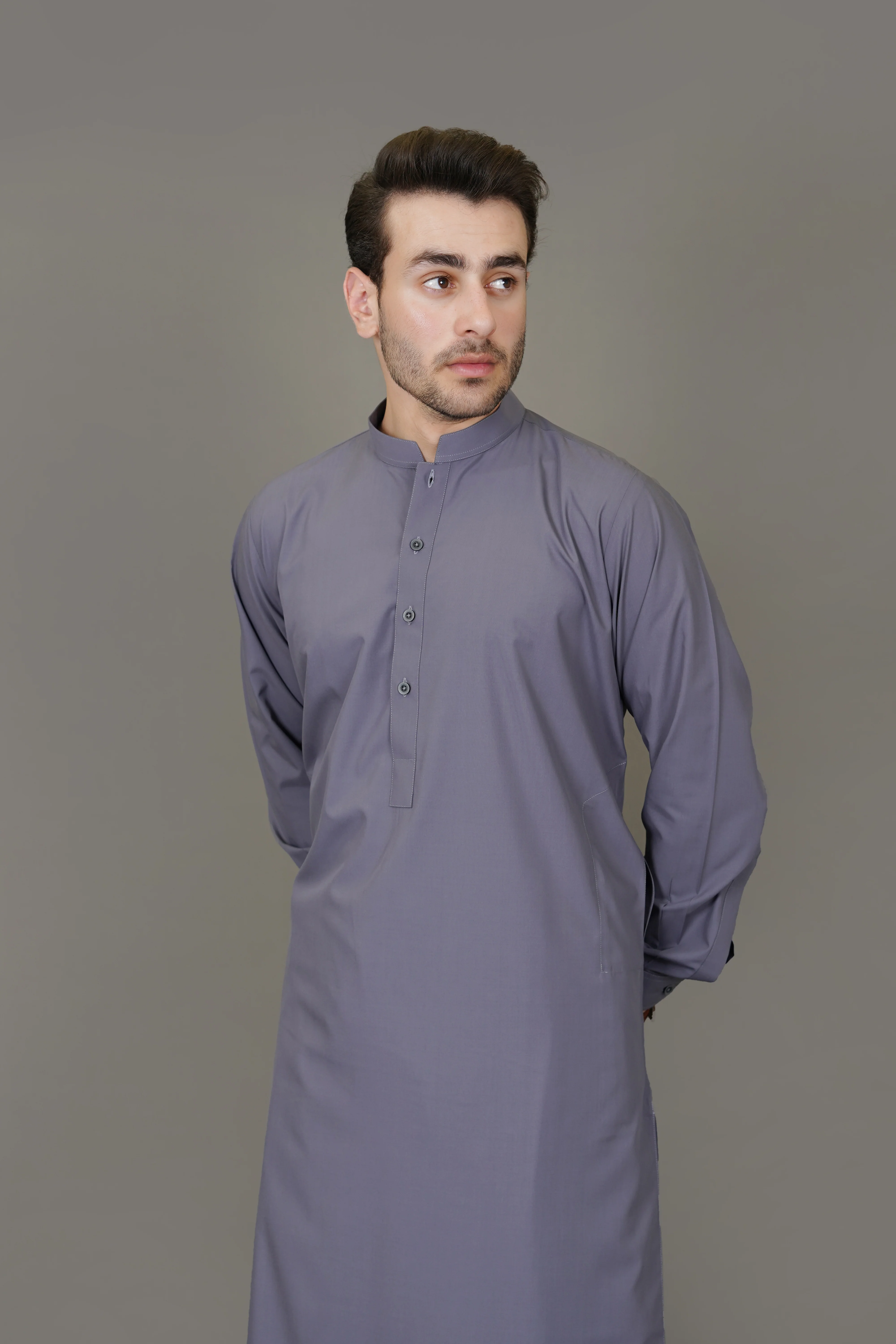 Grey Plain Delta Wash N Wear Shalwar Kameez - Image 4