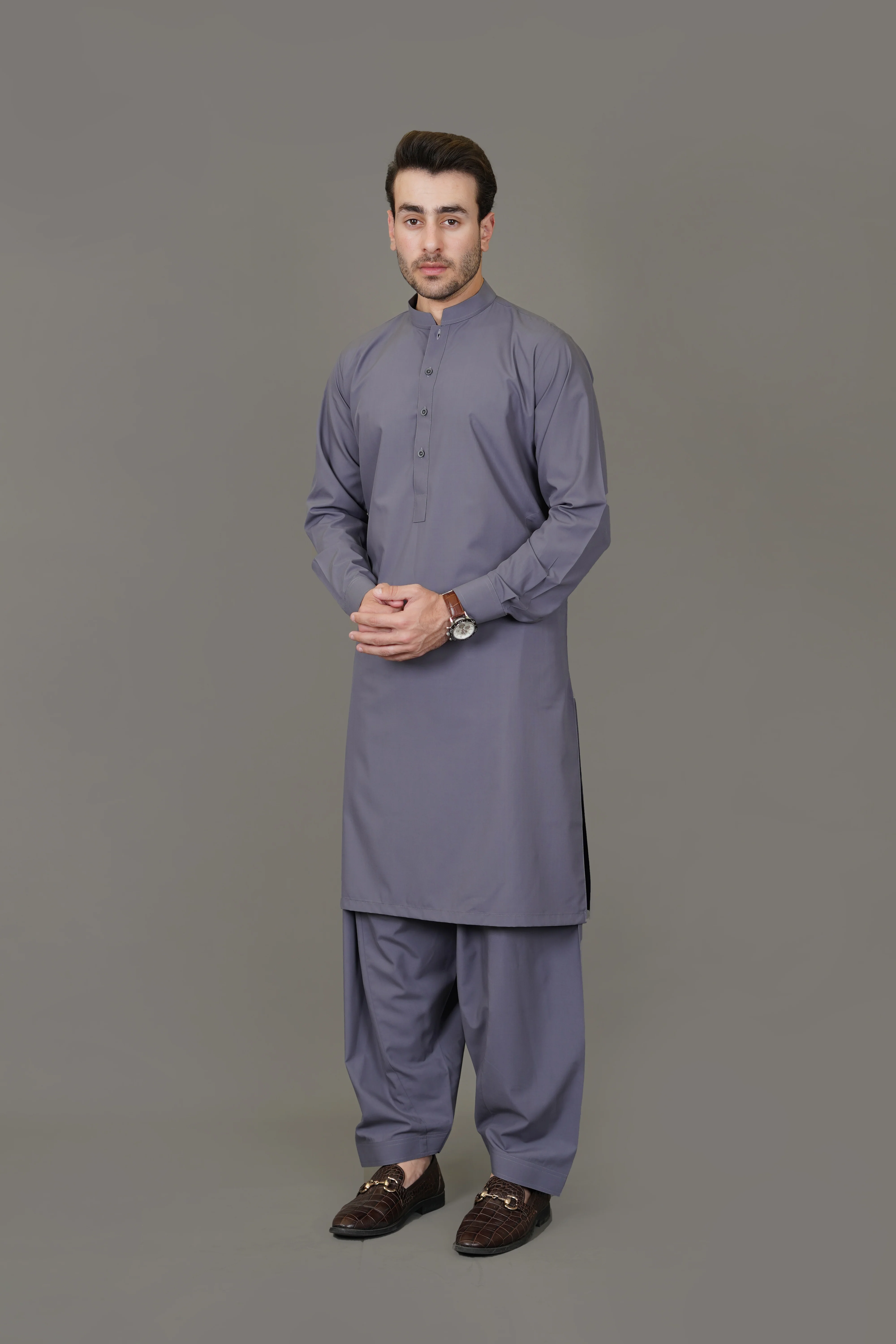 Grey Plain Delta Wash N Wear Shalwar Kameez - Image 4
