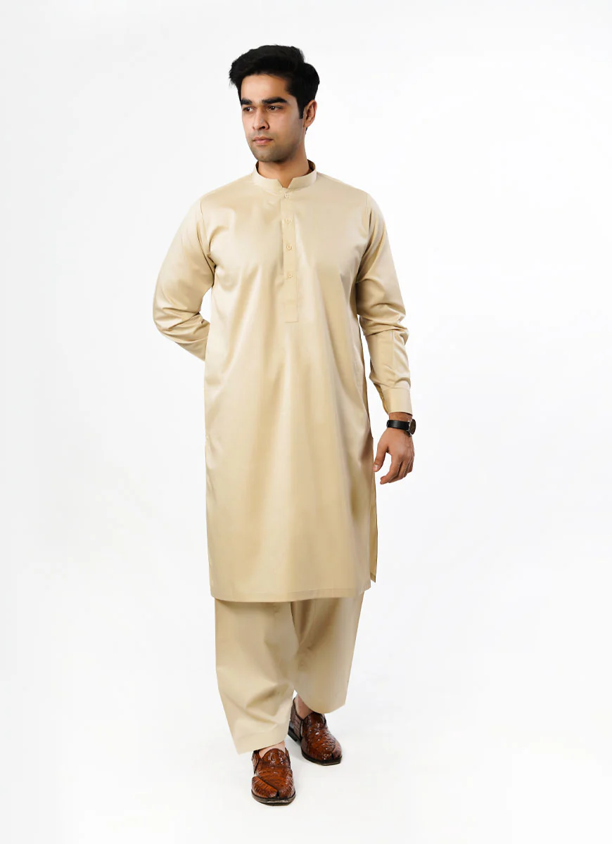 Shalwar Kameez - Hi-End Egyptian Cotton Light Brown Plain - Image 3
