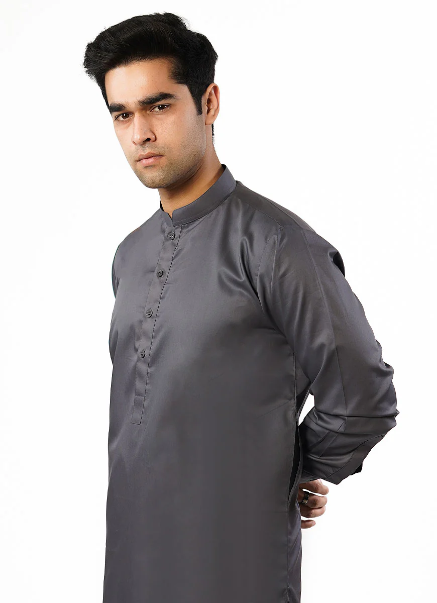 Plain Slate Grey Hi-End Egyptian Cotton Shalwar Kameez - Image 2