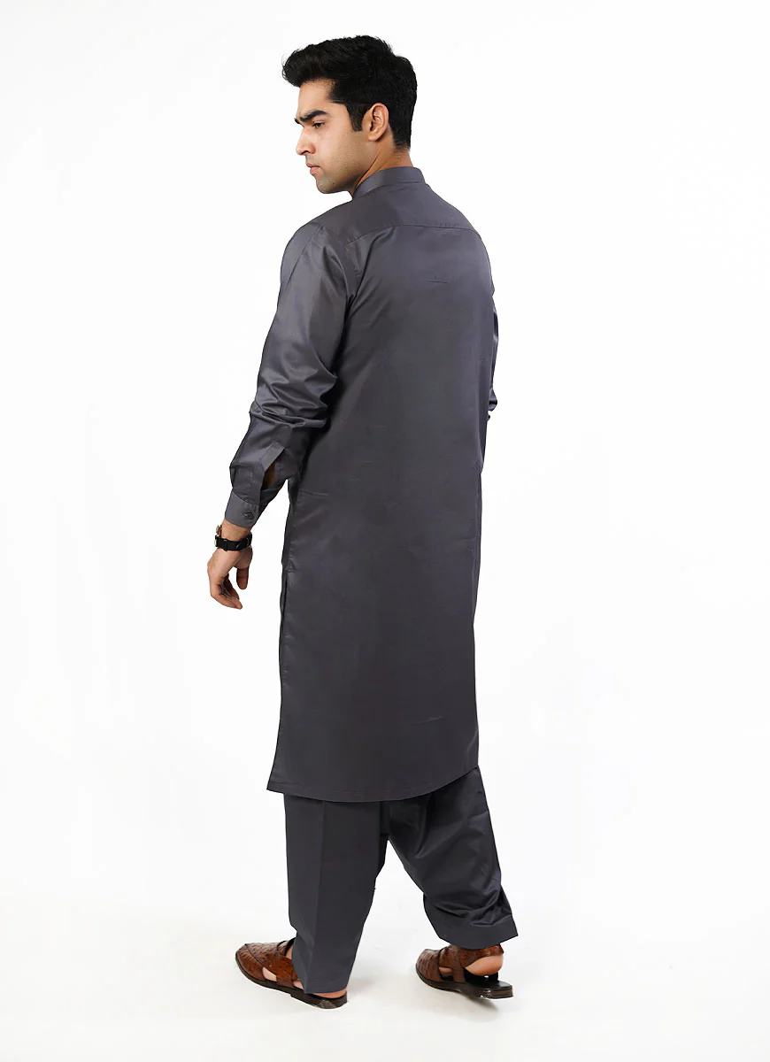 Plain Slate Grey Hi-End Egyptian Cotton Shalwar Kameez - Image 3