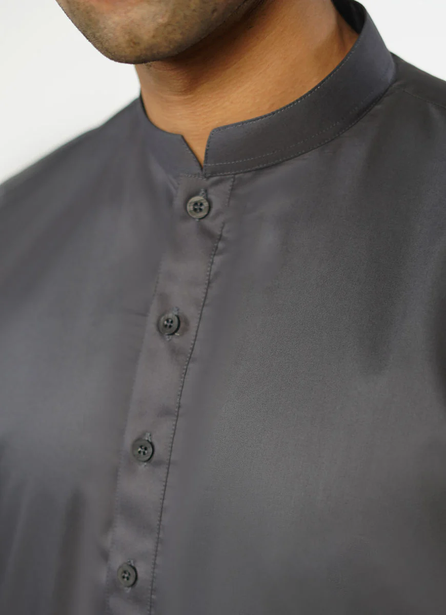 Plain Slate Grey Hi-End Egyptian Cotton Shalwar Kameez - Image 5